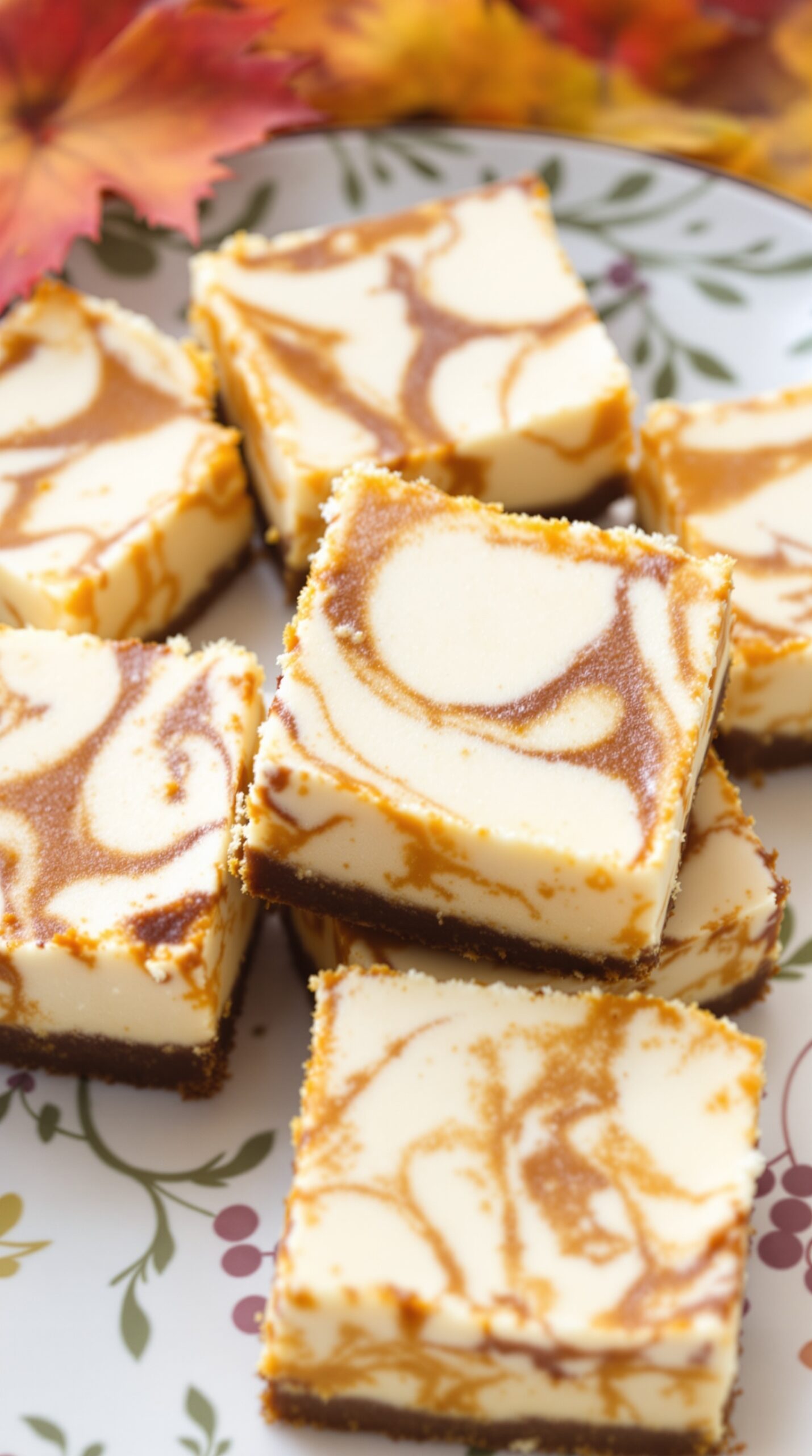 Delicious pumpkin cheesecake swirl bars on a decorative plate