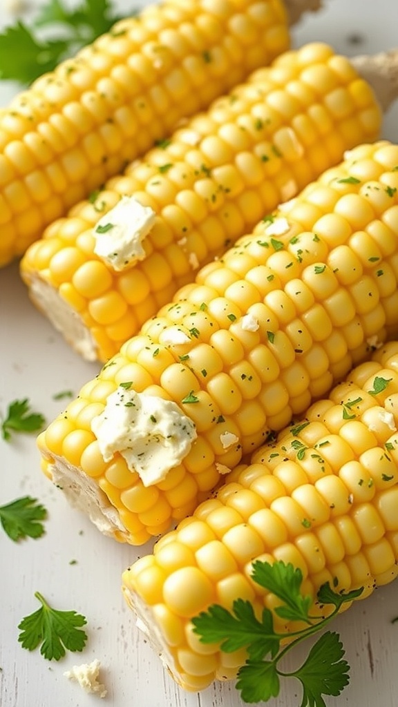 Fresh corn on the cob with herb butter and chopped herbs