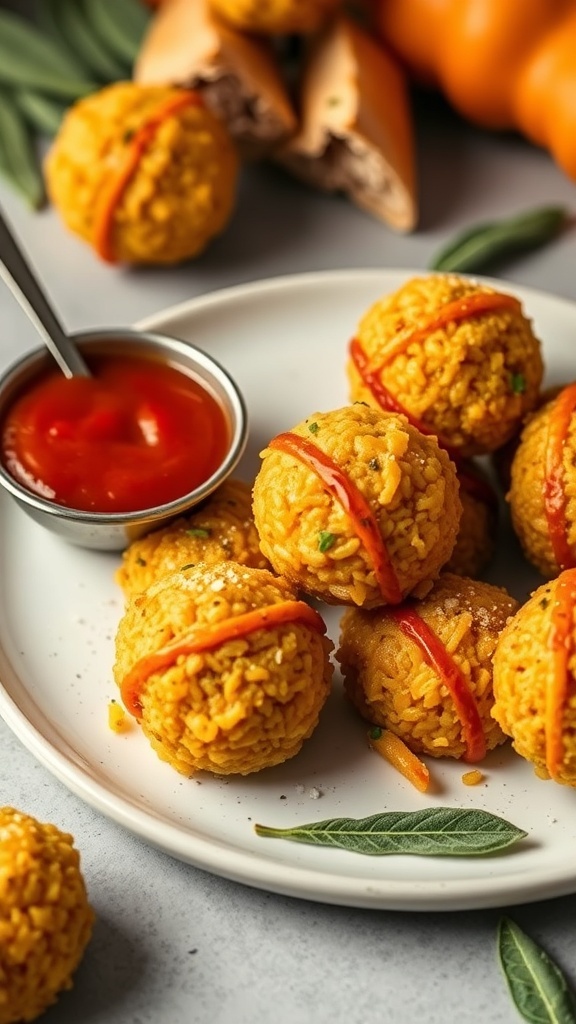 Crispy butternut squash and sage risotto balls on a plate with dipping sauce
