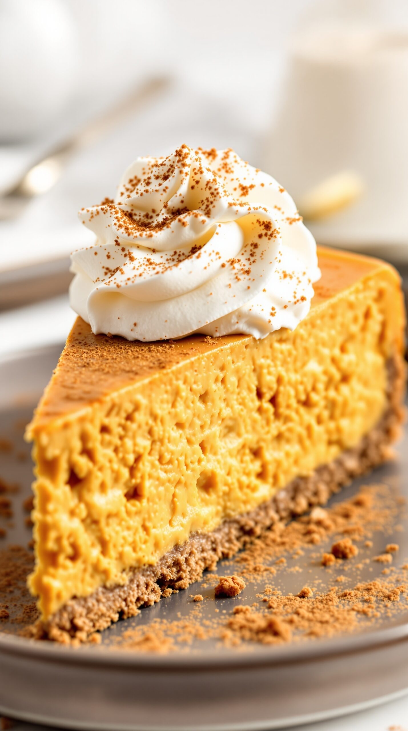 A slice of spiced pumpkin cheesecake topped with whipped cream and cinnamon.