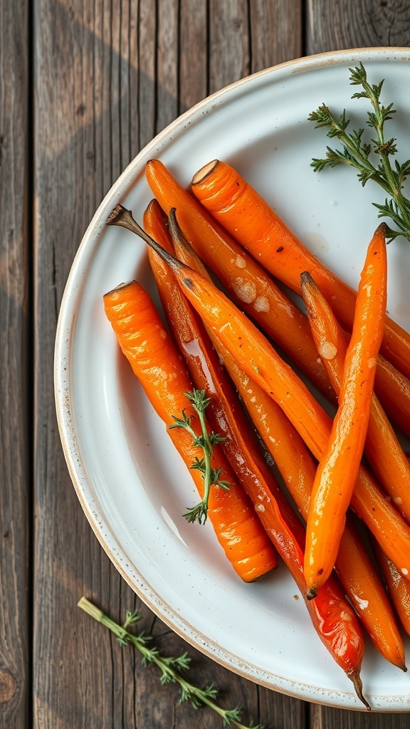 A plate of honey glazed carrots garnished with thyme on a wooden table.
