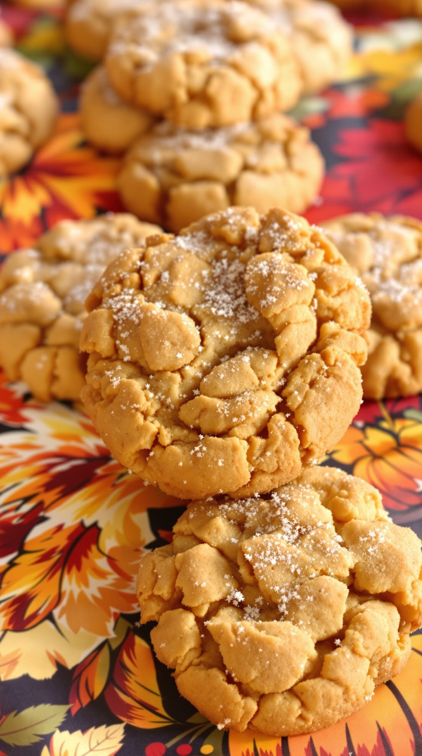Delicious pumpkin snickerdoodle cookies on a colorful autumn-themed background.