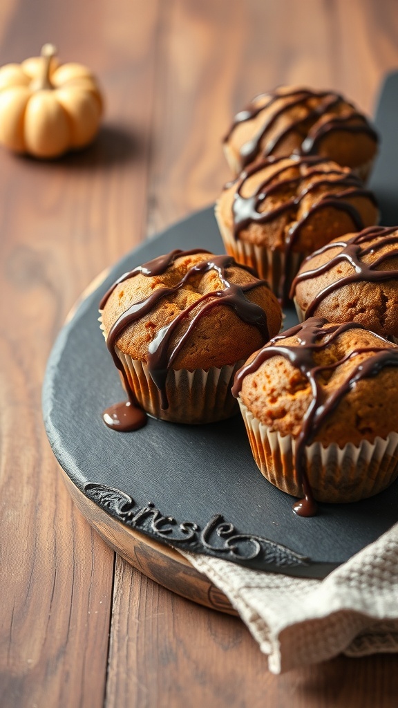 Pumpkin muffins with chocolate drizzle on a wooden table