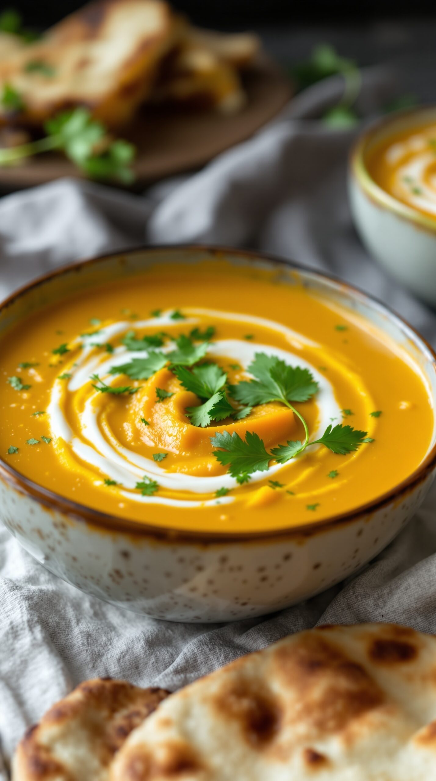A bowl of curried butternut squash soup topped with coconut cream and cilantro, with bread on the side.