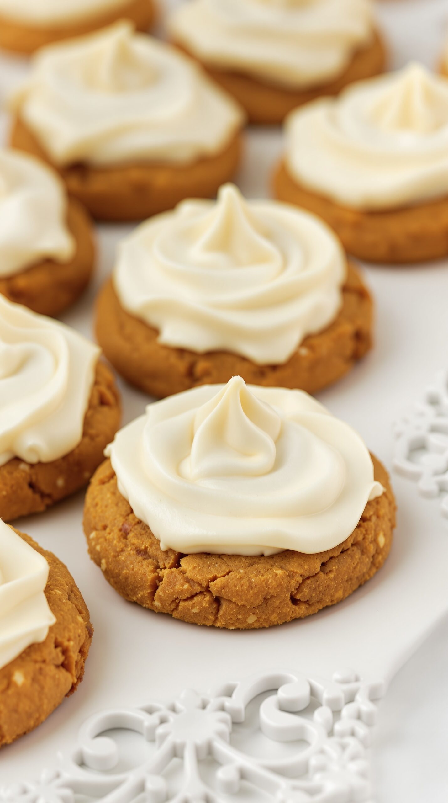 Iced pumpkin cookies with cream cheese frosting on a decorative plate.