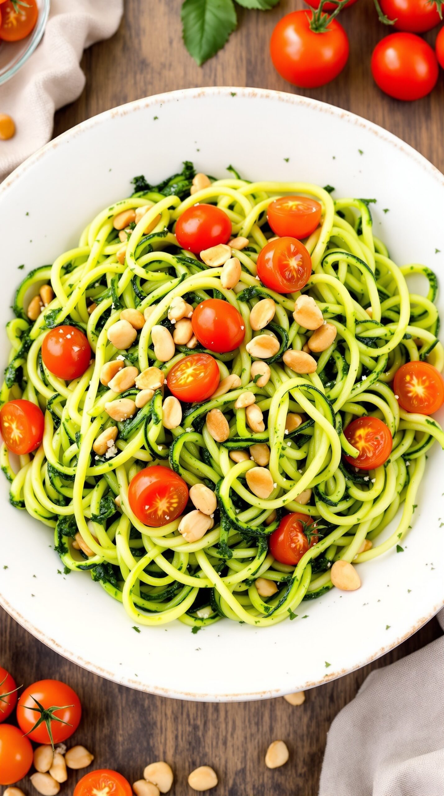 A bowl of zucchini noodles with pesto, topped with cherry tomatoes and peanuts.