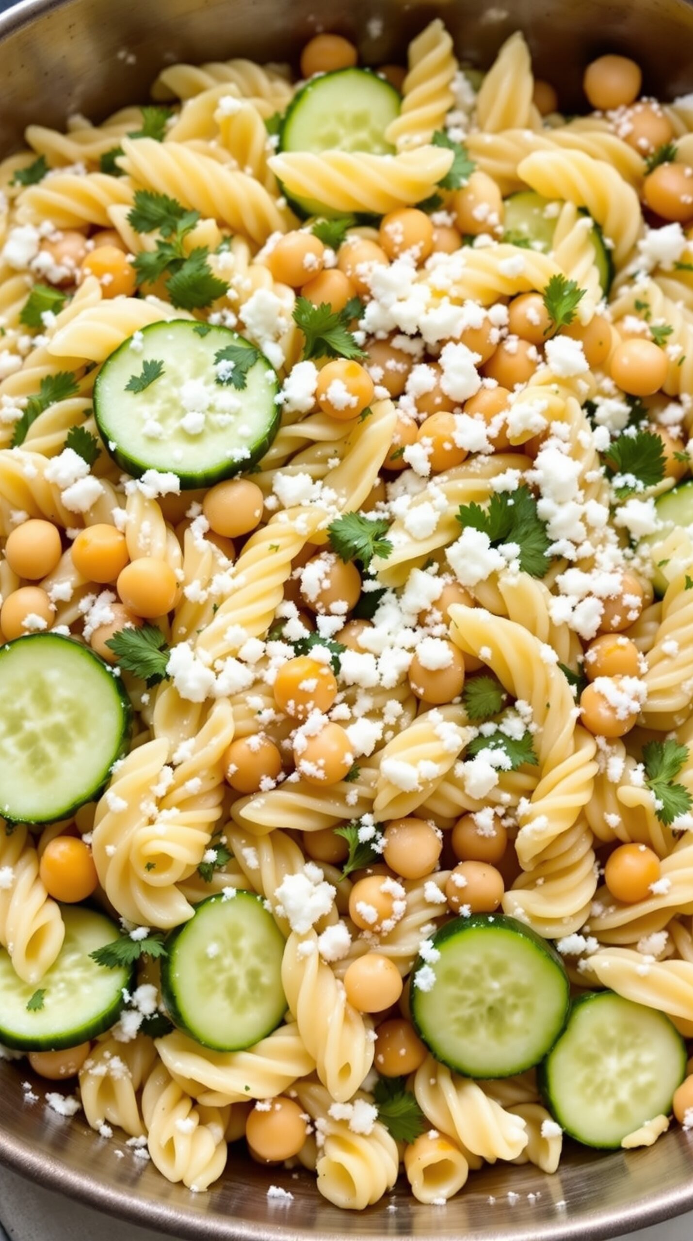 A vibrant Greek pasta salad with chickpeas, cucumbers, and feta cheese.