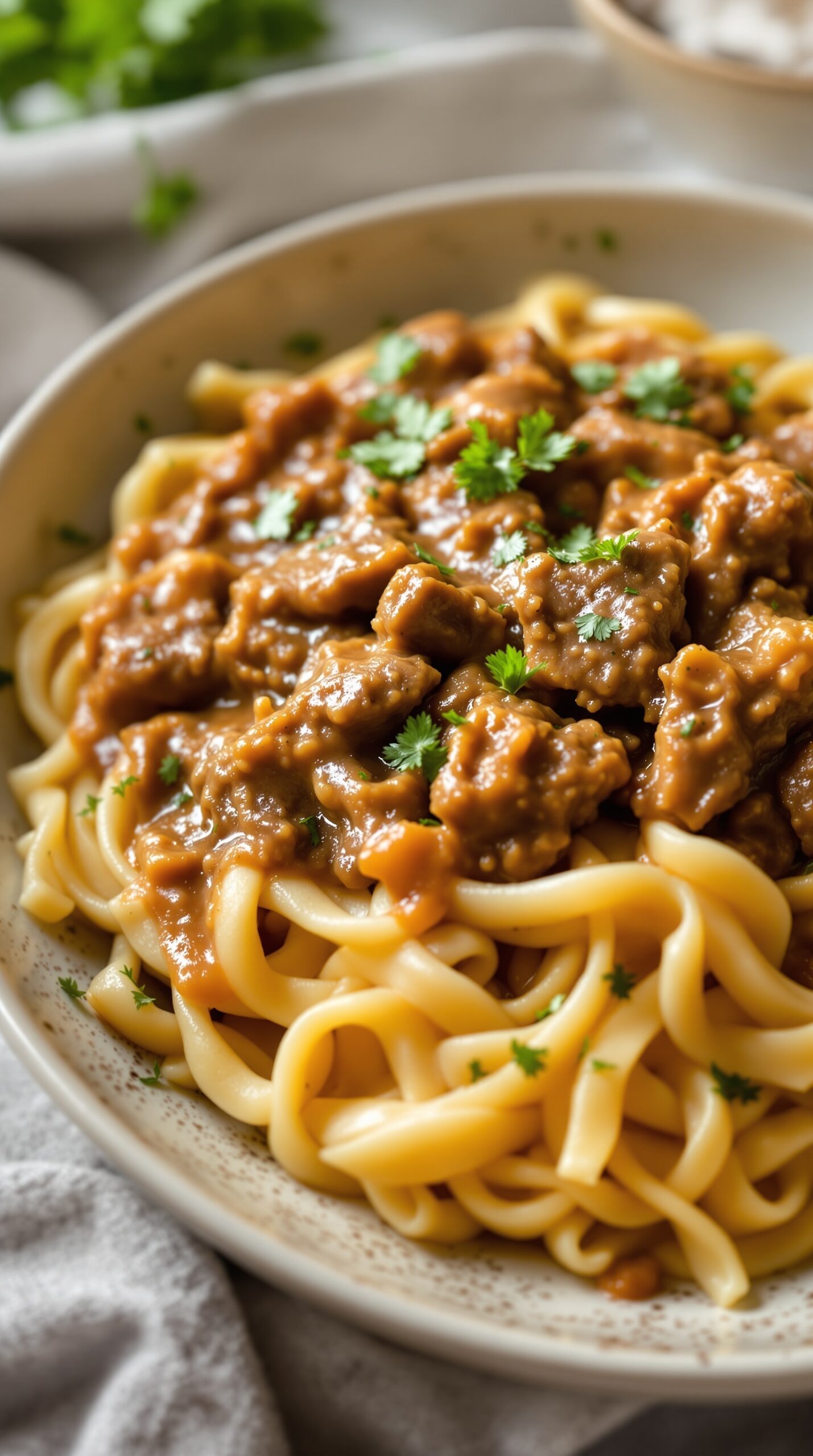 A delicious serving of Beef Stroganoff with egg noodles, garnished with fresh parsley.