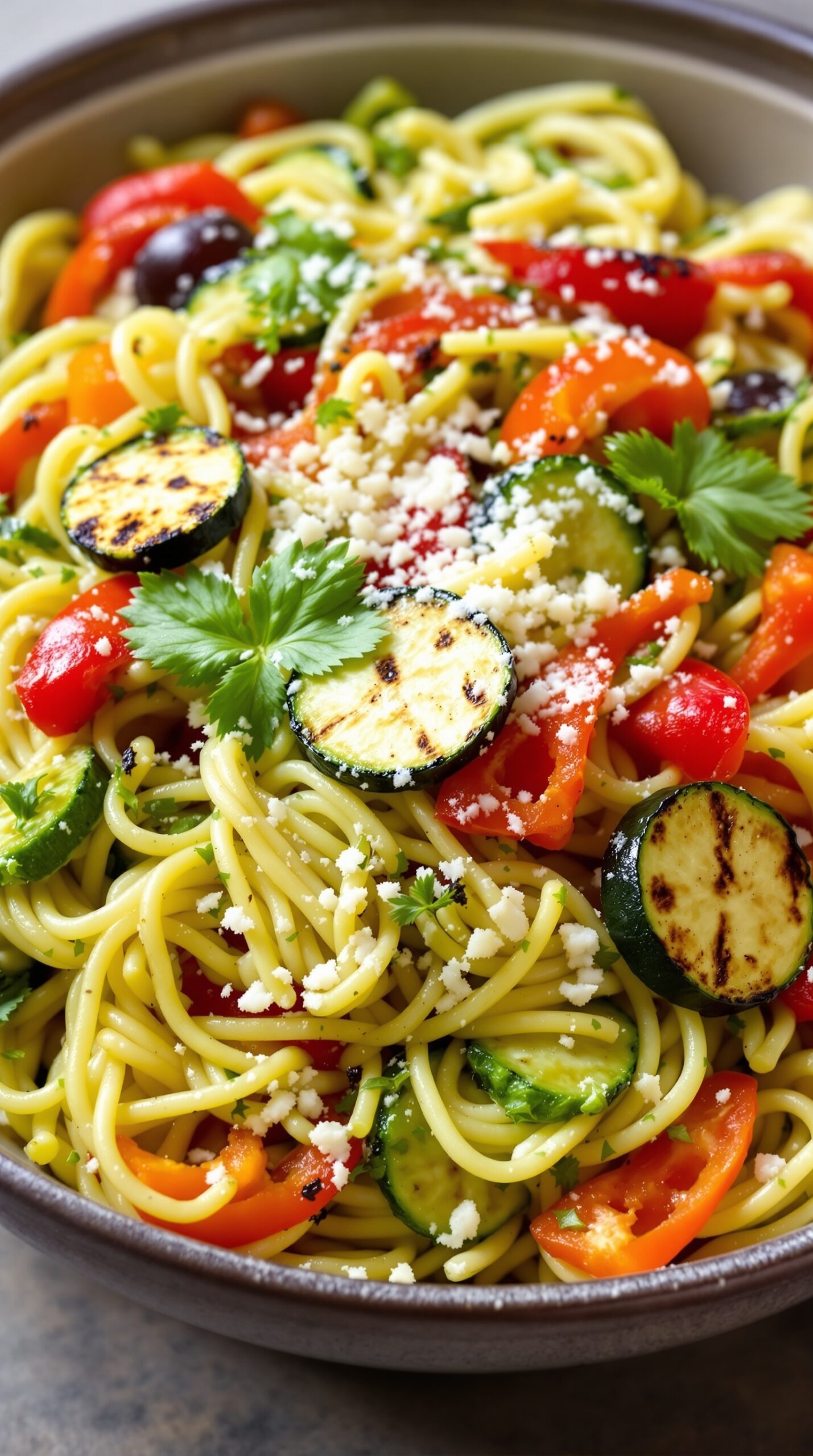 A colorful bowl of pesto pasta salad with grilled vegetables, garnished with herbs and feta cheese.