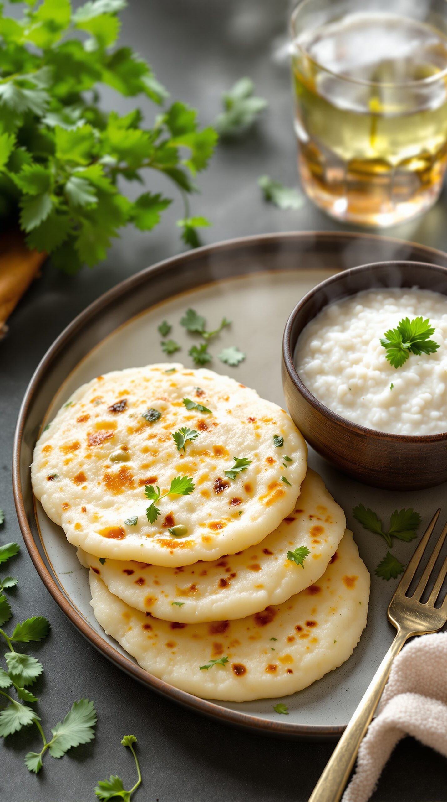 A plate of vegetable idlis garnished with coriander, served with a bowl of sambar.