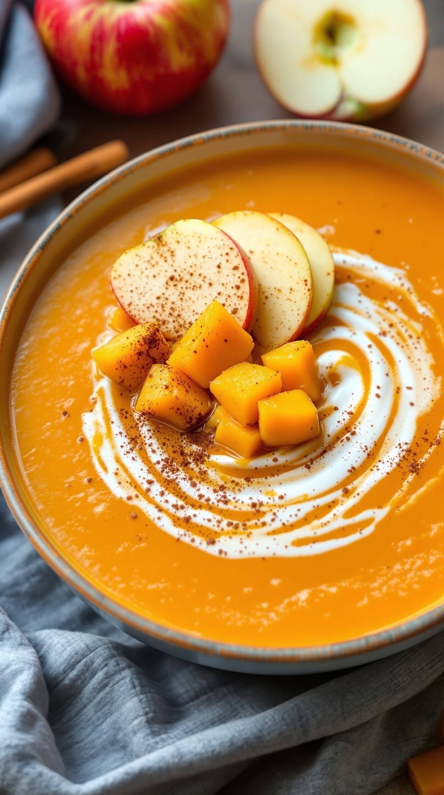 A bowl of creamy butternut squash soup topped with apple slices and mango cubes, garnished with a swirl of cream and cinnamon.