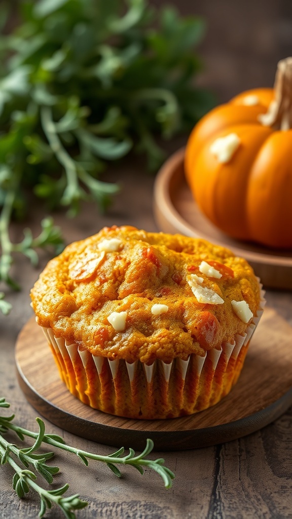 Savory pumpkin and cheese muffin on a wooden plate with fresh herbs and a small pumpkin in the background.