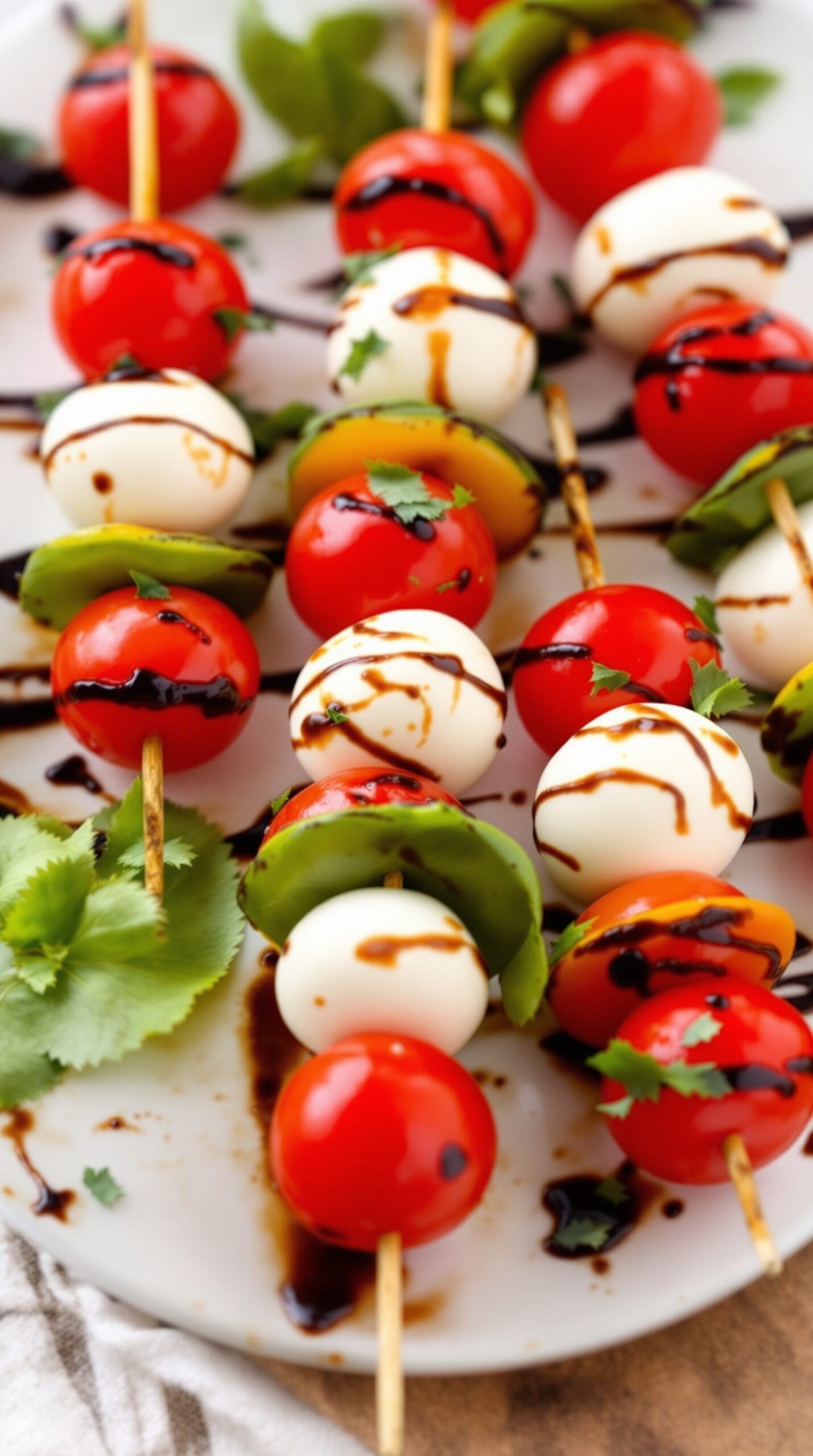 Mini Caprese skewers with cherry tomatoes, mozzarella balls, and basil drizzled with balsamic glaze.