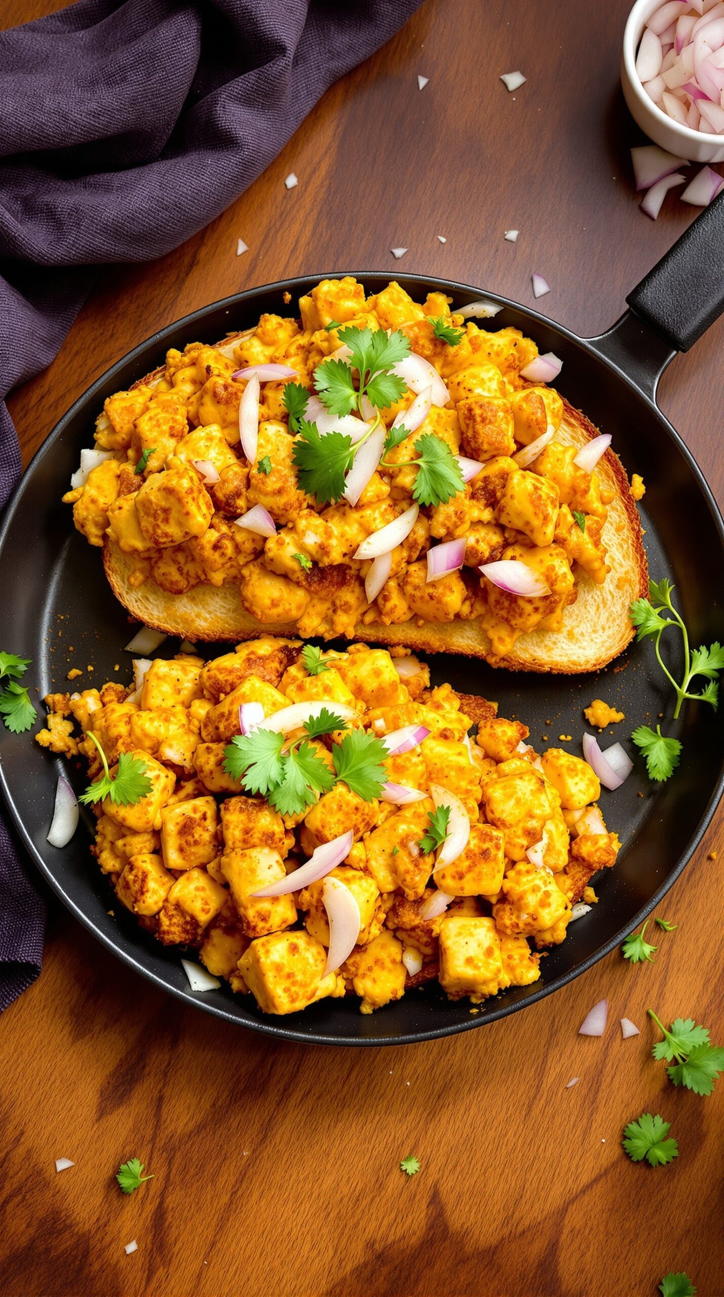 A plate of Paneer Bhurji served on toast, garnished with coriander and onions.