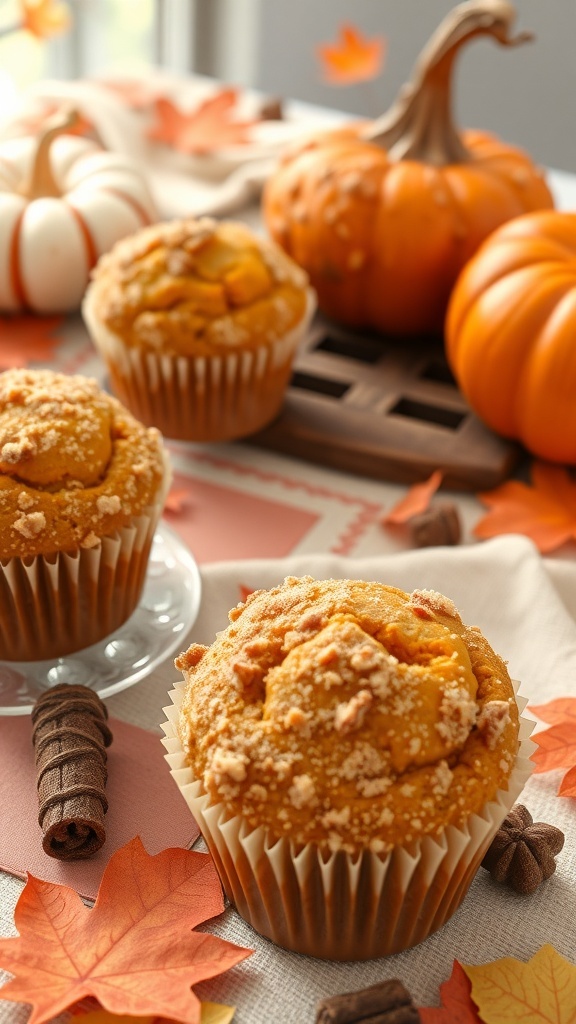 Pumpkin muffins with a cinnamon sugar crust surrounded by autumn leaves and pumpkins.