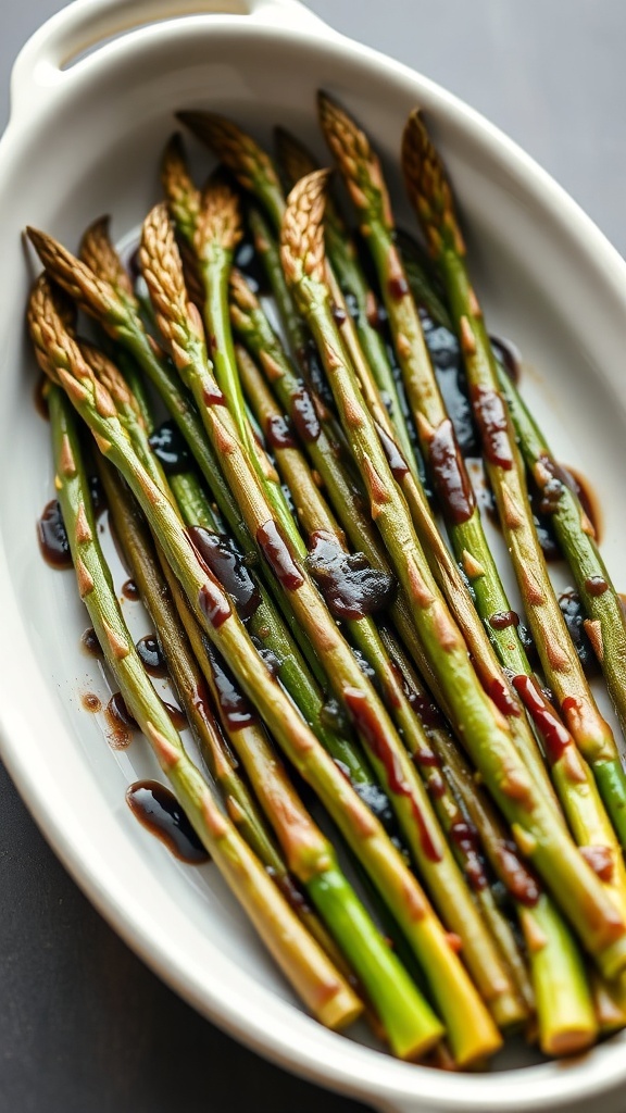 A dish of balsamic glazed asparagus, showcasing vibrant green stalks coated in a rich balsamic glaze.