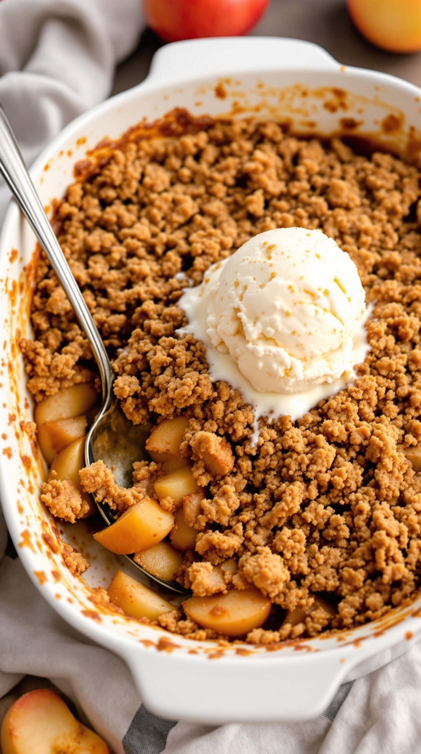 A delicious apple crisp with a scoop of vanilla ice cream on top, served in a white dish.