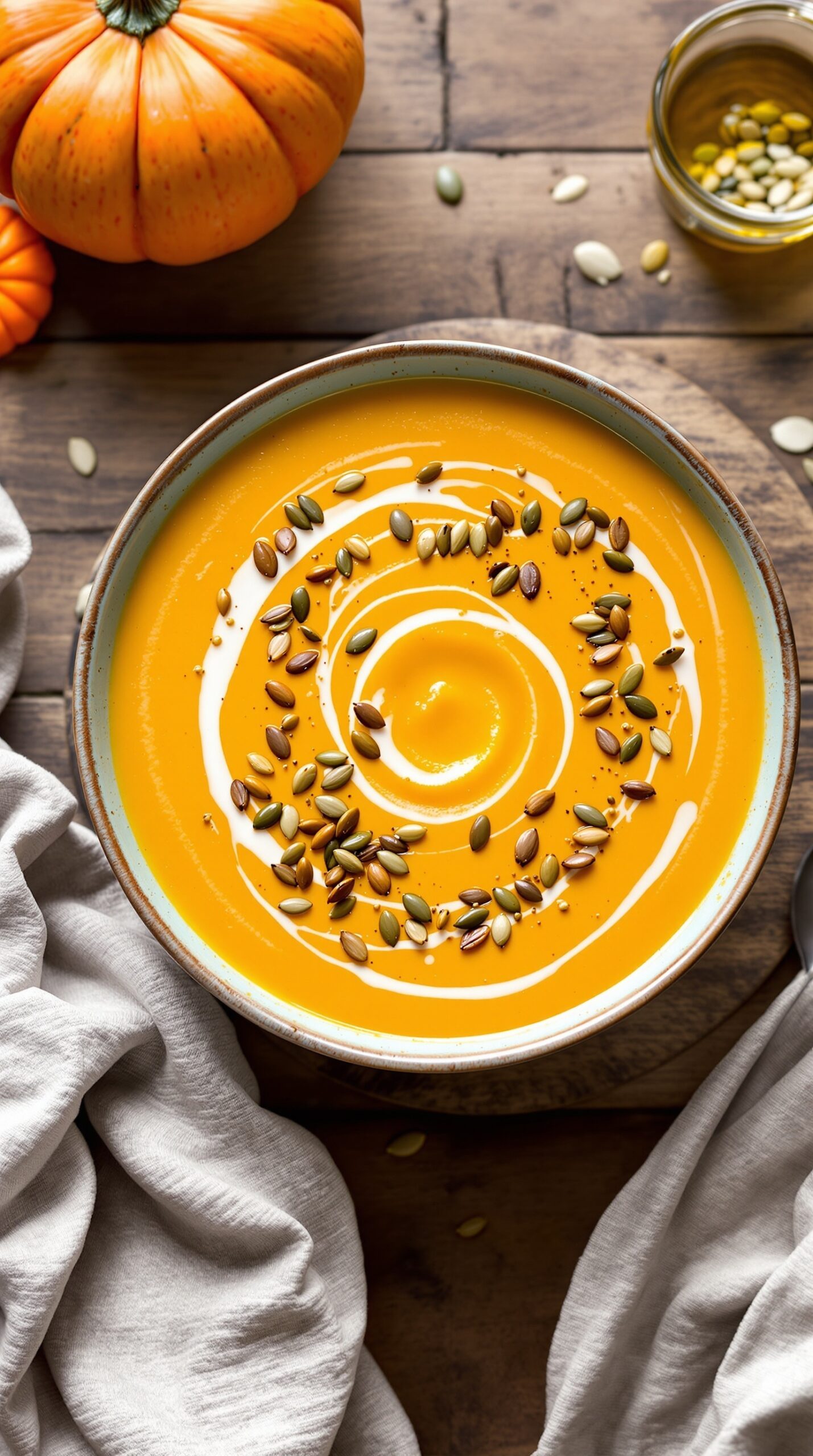 A bowl of creamy butternut squash soup topped with toasted pumpkin seeds, surrounded by pumpkins and a soft cloth.