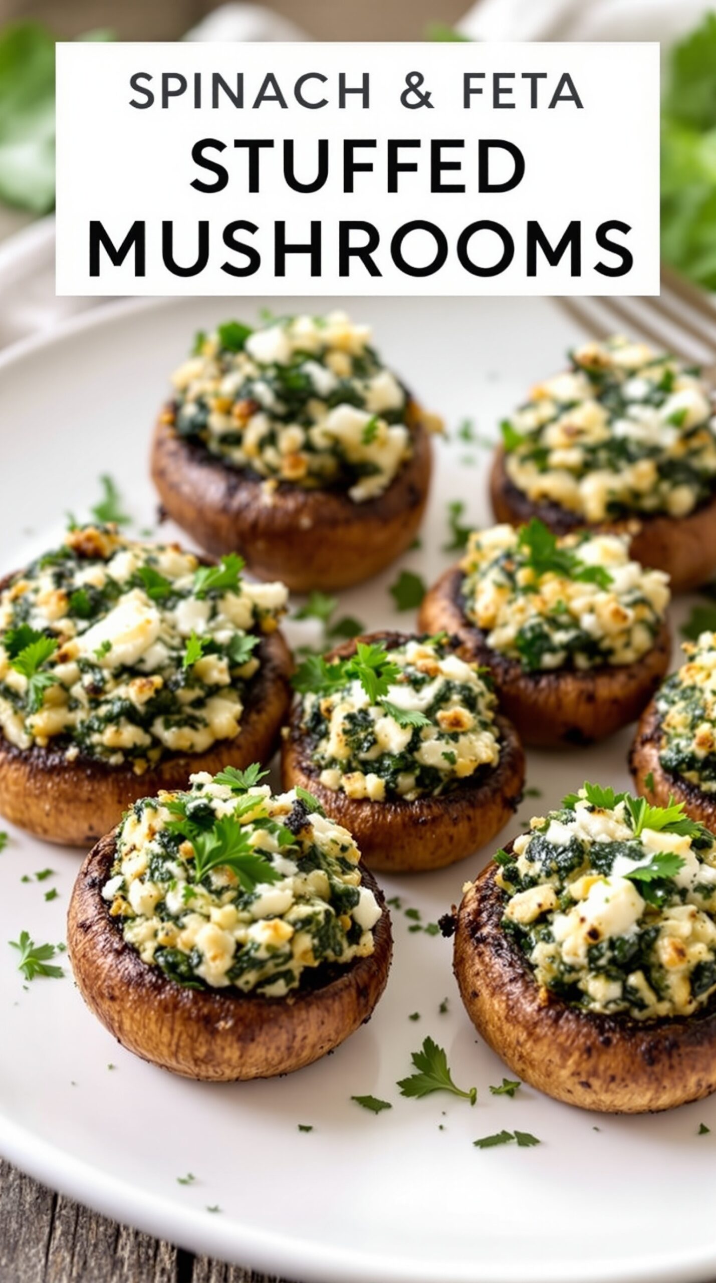 Plate of spinach and feta stuffed mushrooms garnished with parsley.