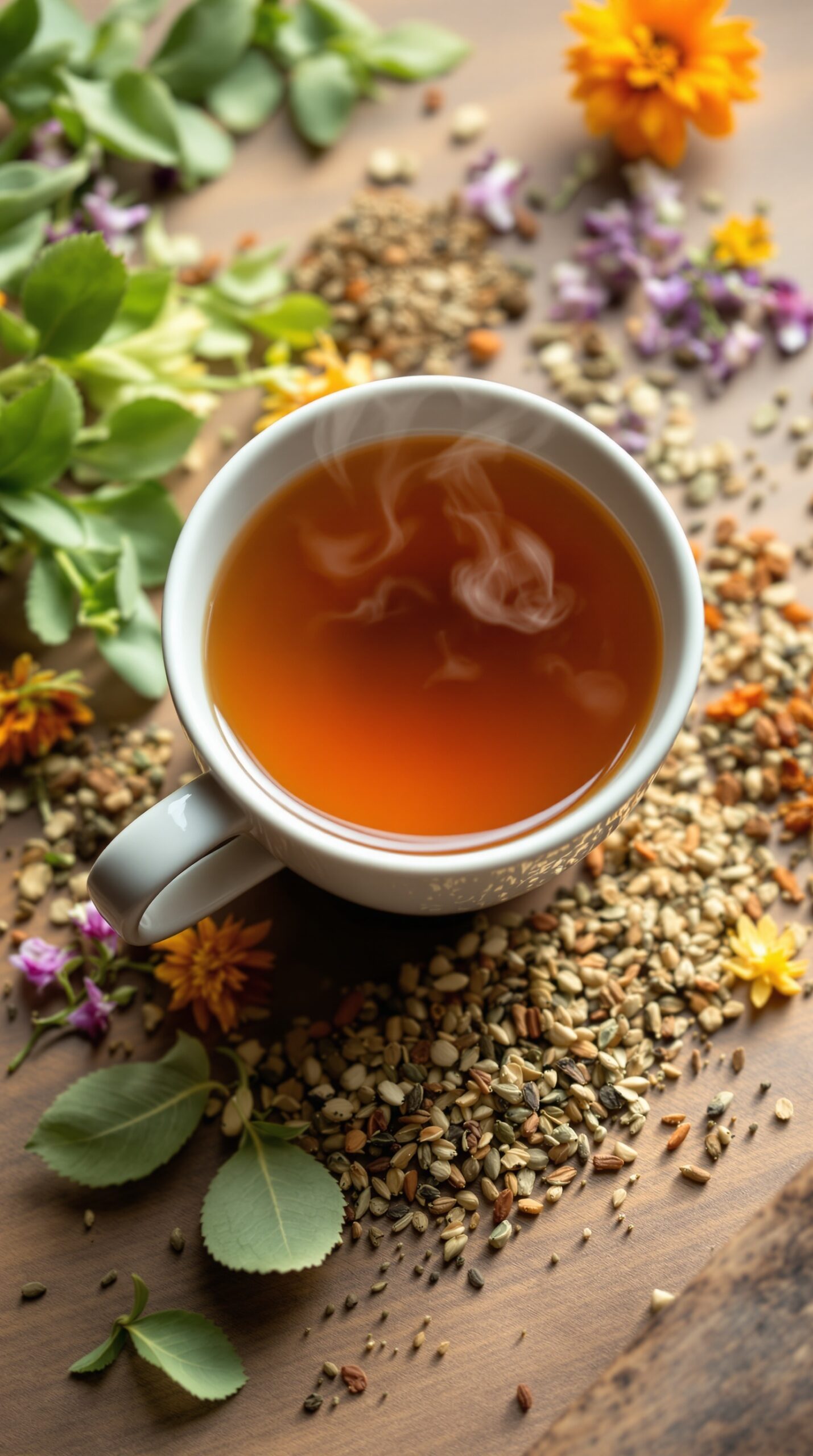 A steaming cup of herbal tea surrounded by various herbs and flowers