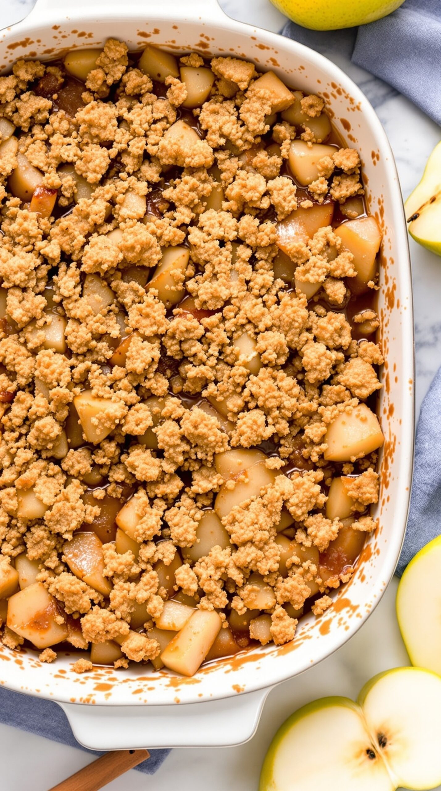 A delicious spiced apple and pear crisp in a baking dish, topped with a golden crumbly mixture.