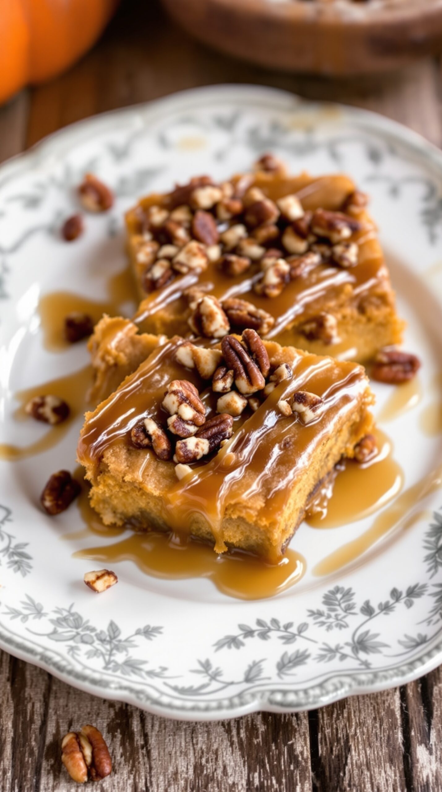 Delicious maple pecan pumpkin bars drizzled with syrup and topped with pecans on a decorative plate.