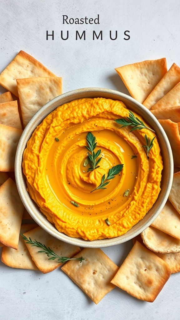 A bowl of roasted pumpkin hummus surrounded by crispy pita chips.