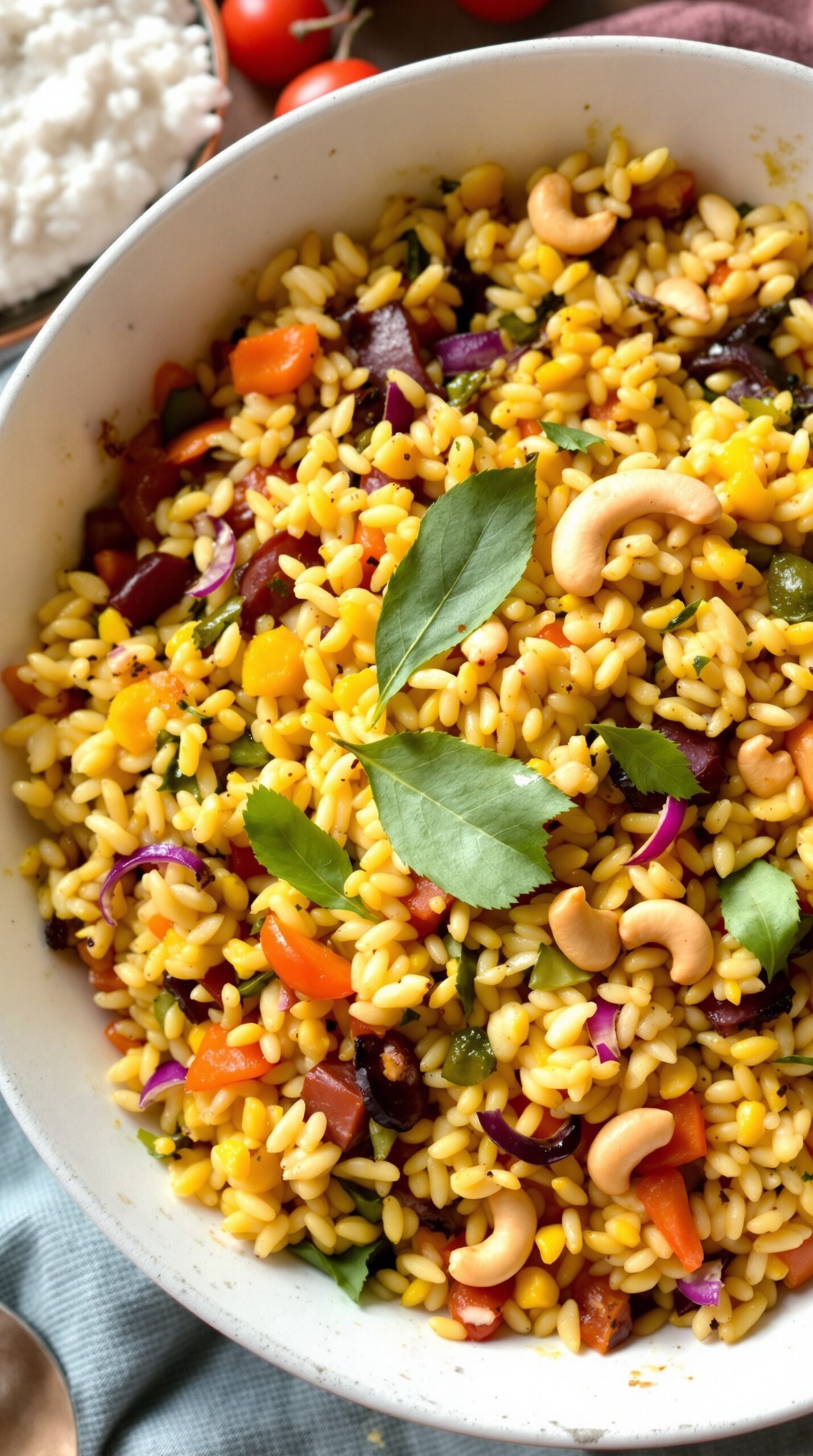 A bowl of Vegetable Upma with cashews, colorful vegetables, and garnished with curry leaves.
