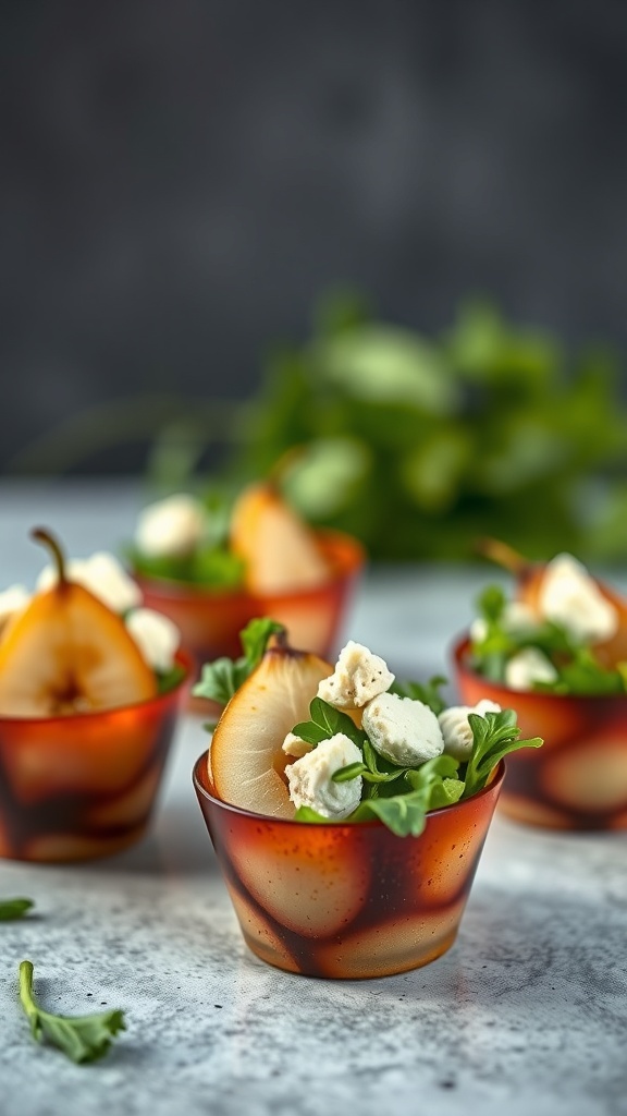 Spiced pear and Gorgonzola salad bites served in small cups