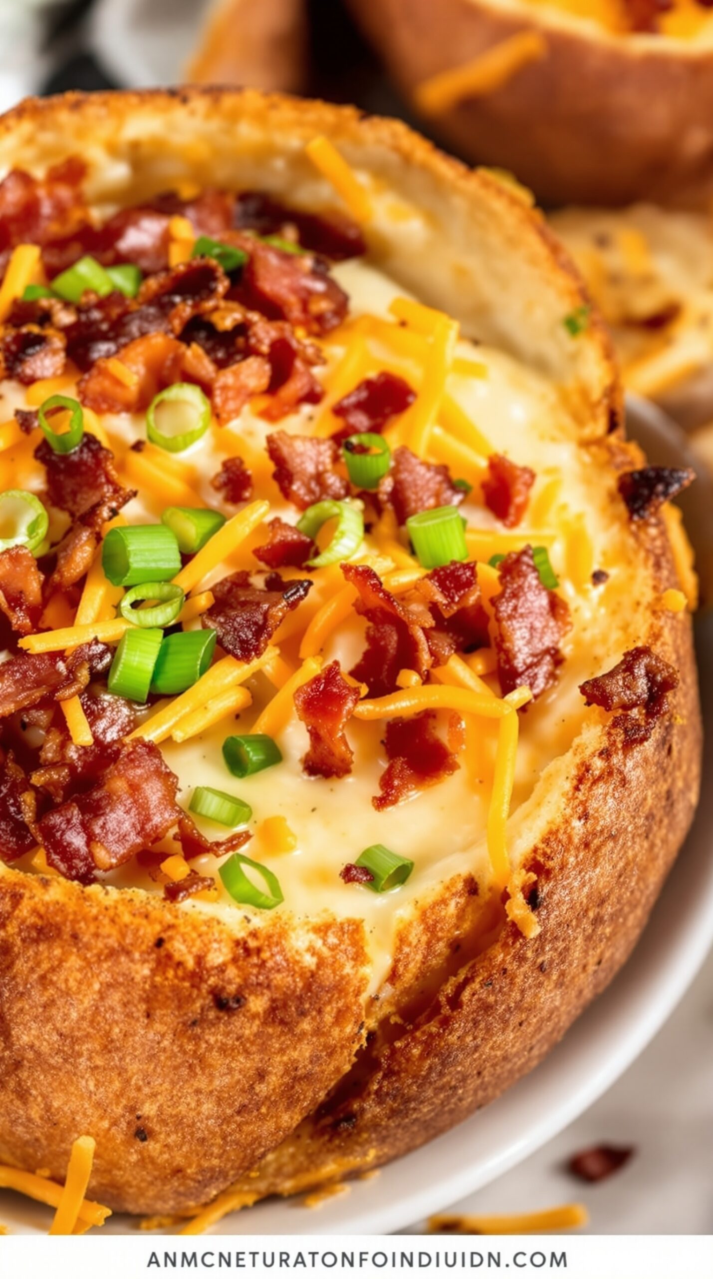 A bowl of loaded baked potato soup topped with cheese, bacon, and green onions.