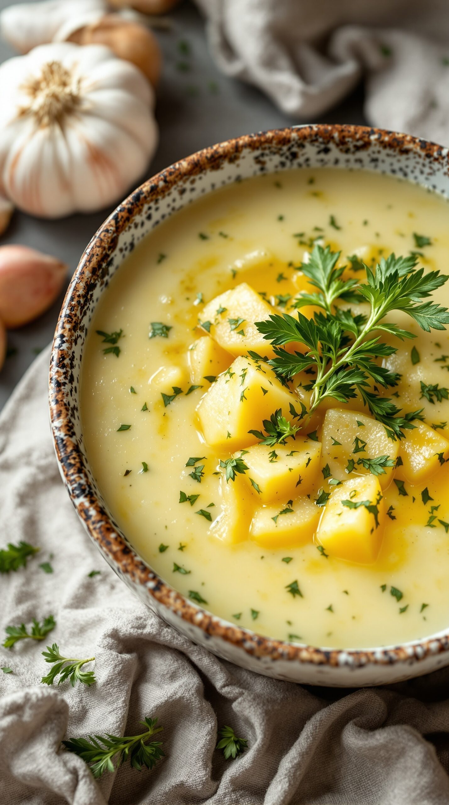A bowl of creamy herbed potato soup garnished with parsley and chunks of potato, surrounded by garlic and herbs.