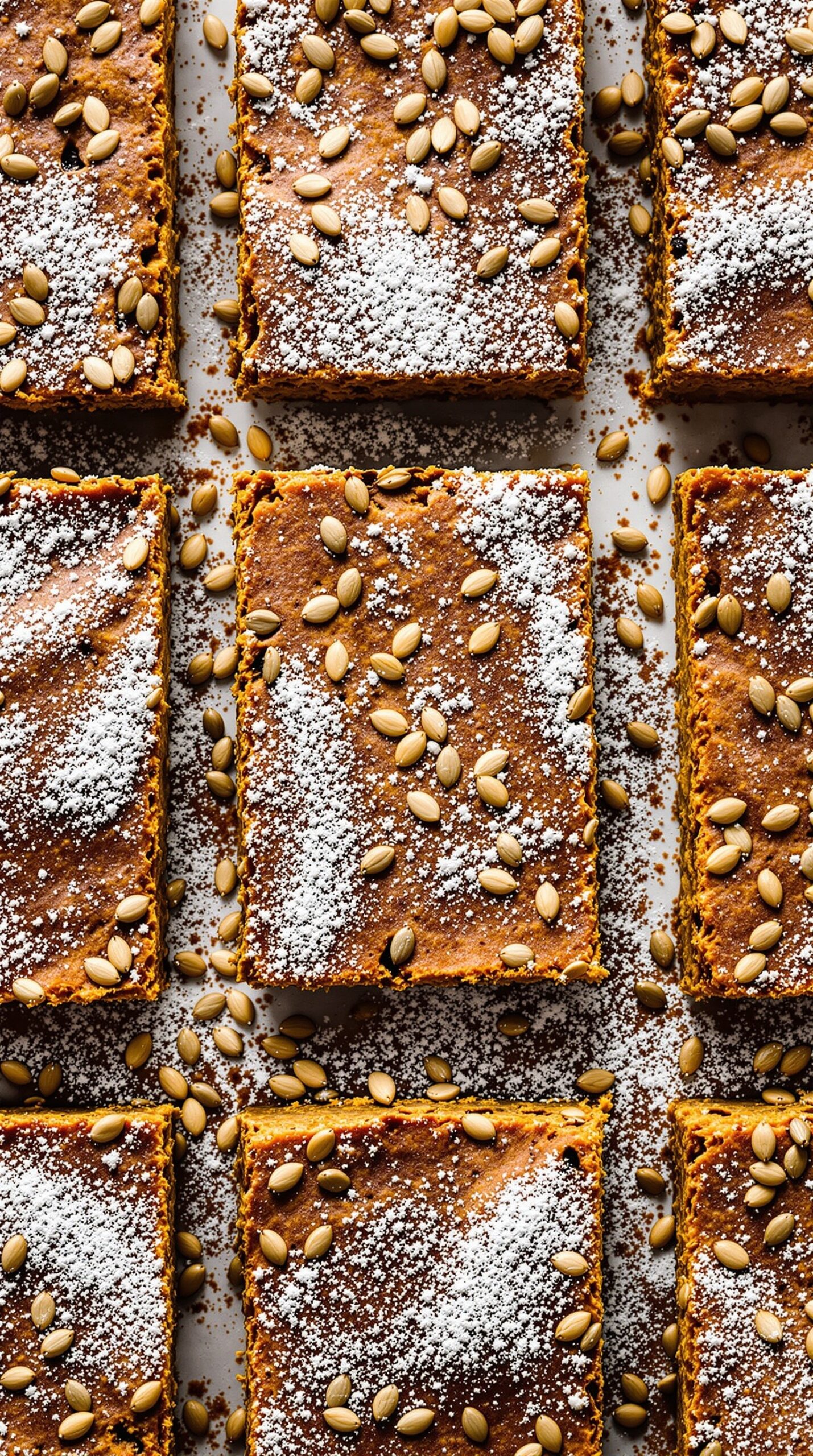 Healthy pumpkin protein bars topped with powdered sugar and pumpkin seeds.