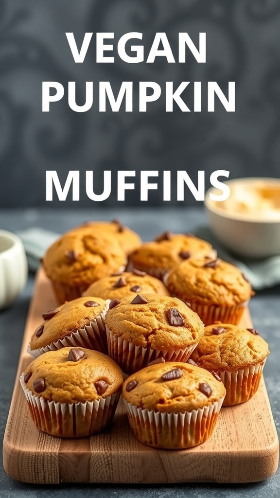 A wooden platter filled with freshly baked vegan pumpkin muffins topped with chocolate chips.
