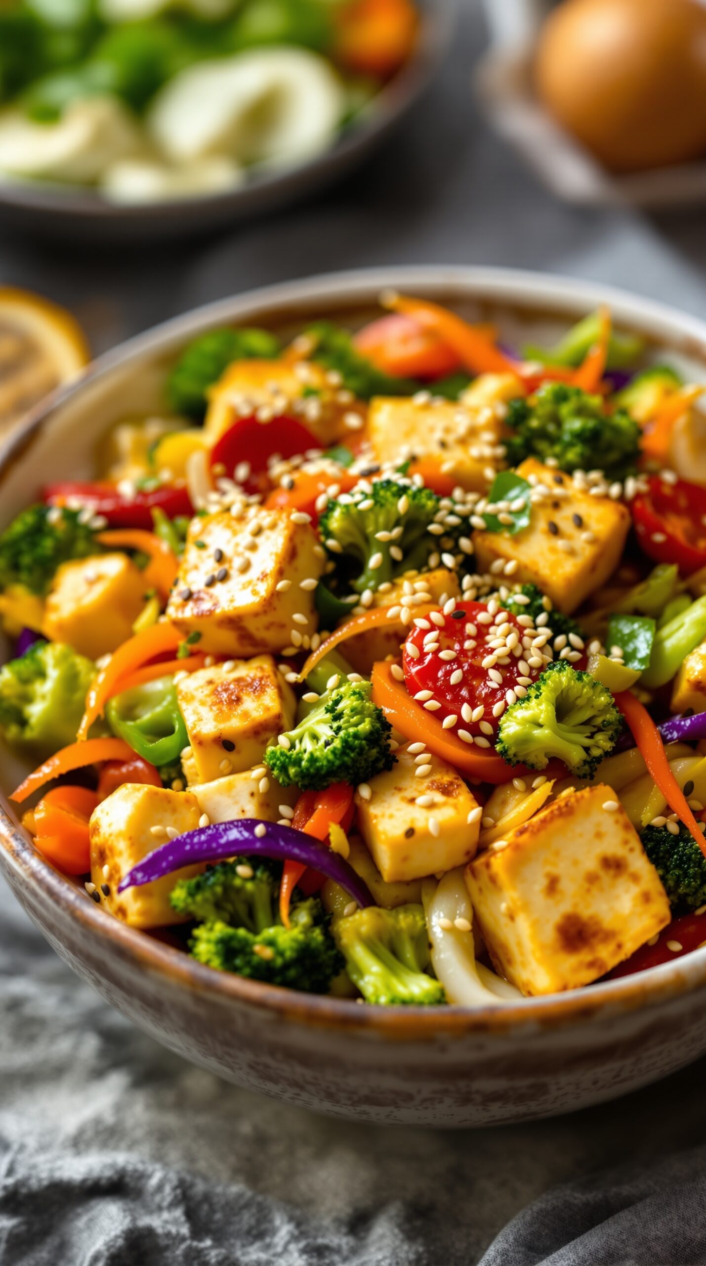 A colorful bowl of vegetable stir-fry with tofu, featuring broccoli, bell peppers, and sesame seeds.