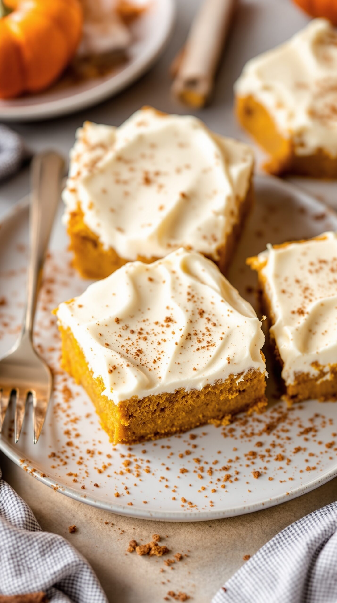 Delicious pumpkin bars topped with cream cheese frosting and a sprinkle of cinnamon