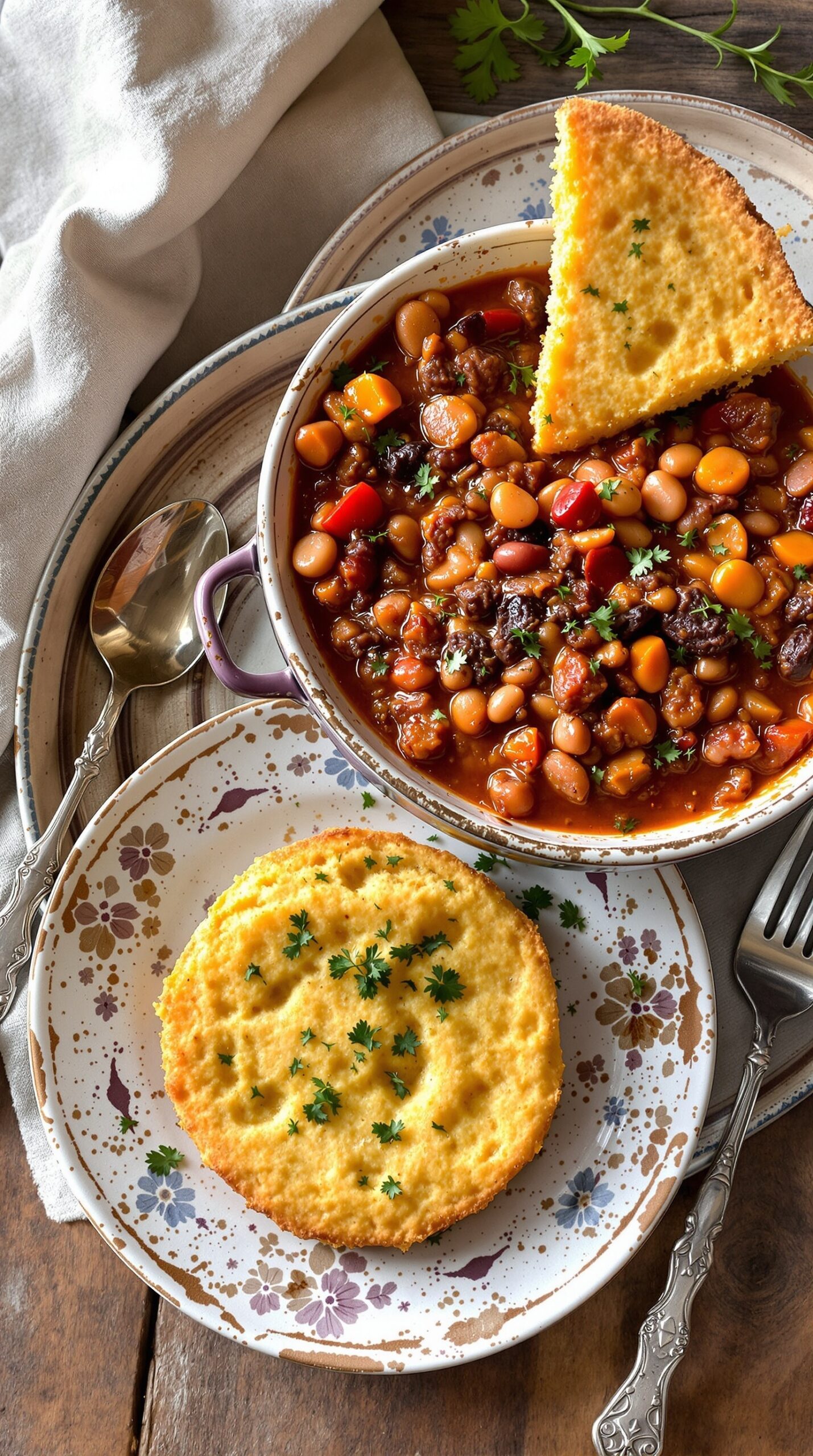 A bowl of beef and bean chili with cornbread on the side, garnished with fresh herbs.