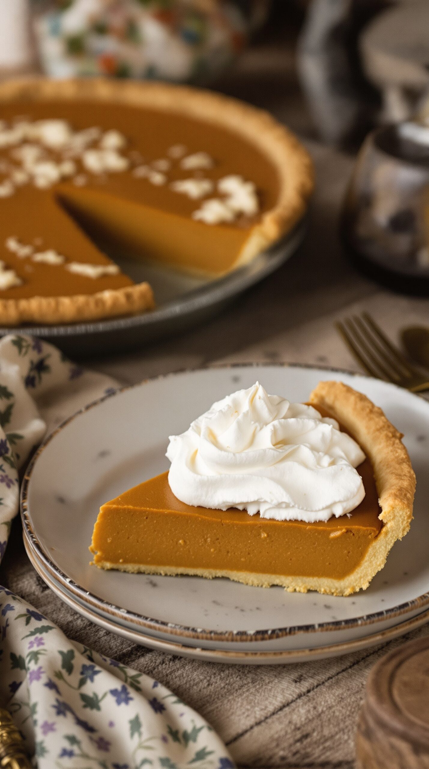 A slice of classic pumpkin pie topped with whipped cream on a plate, with the whole pie in the background.