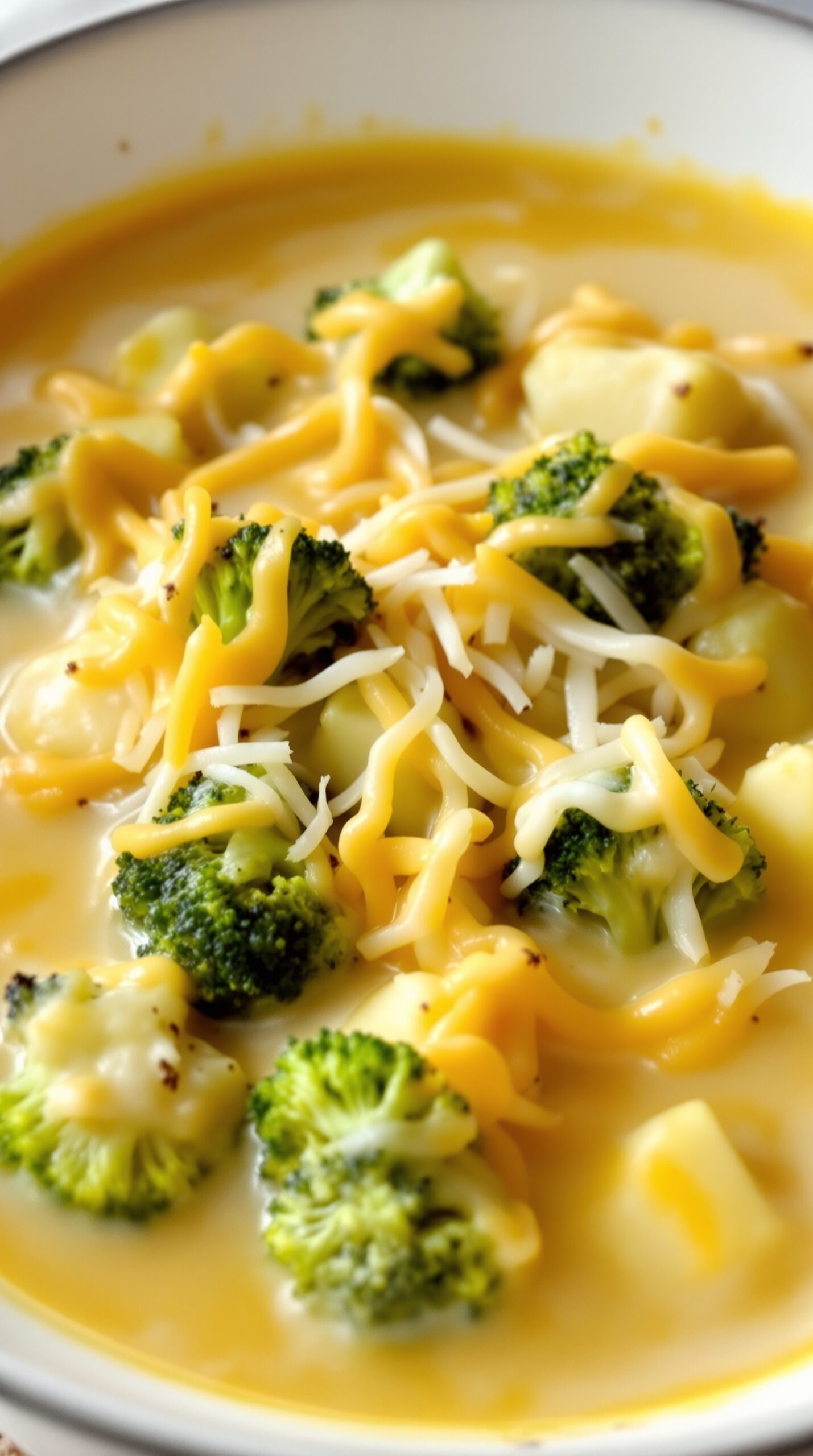 A bowl of cheesy potato soup with broccoli, featuring melted cheese and vibrant green broccoli florets.