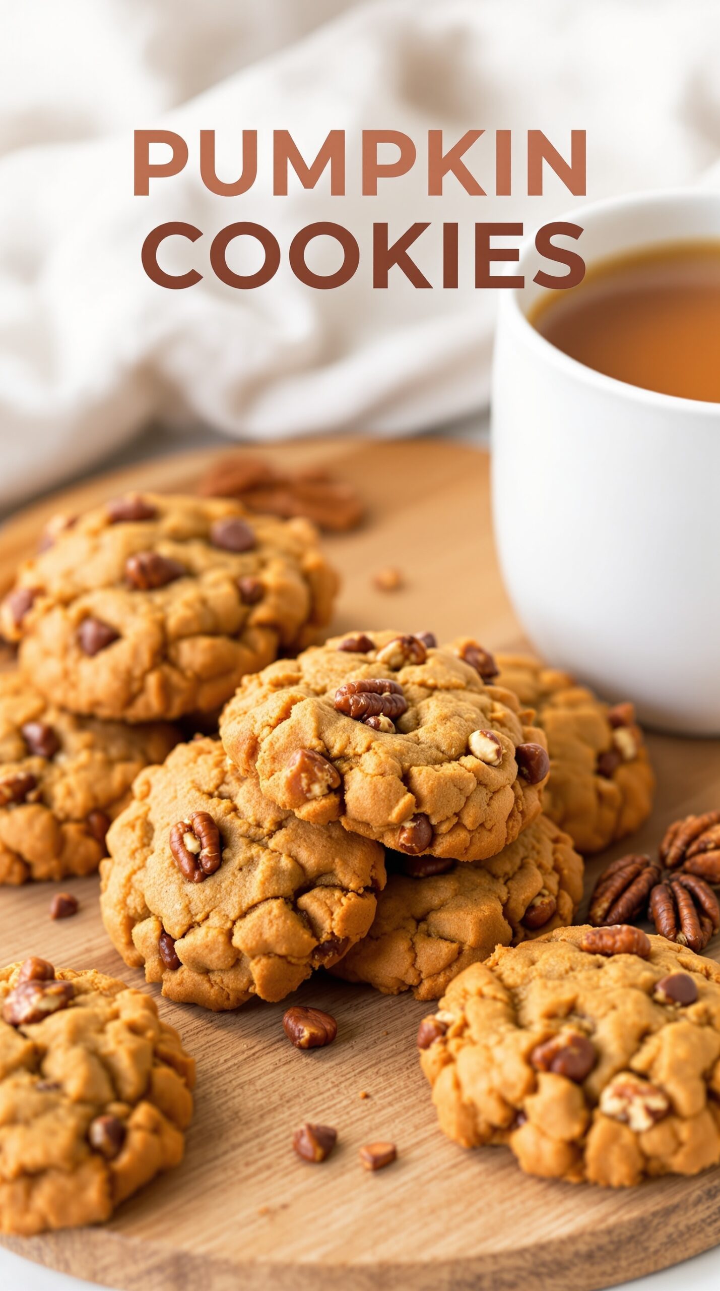 Delicious spiced pumpkin cookies with pecans on a wooden platter next to a cup of coffee.