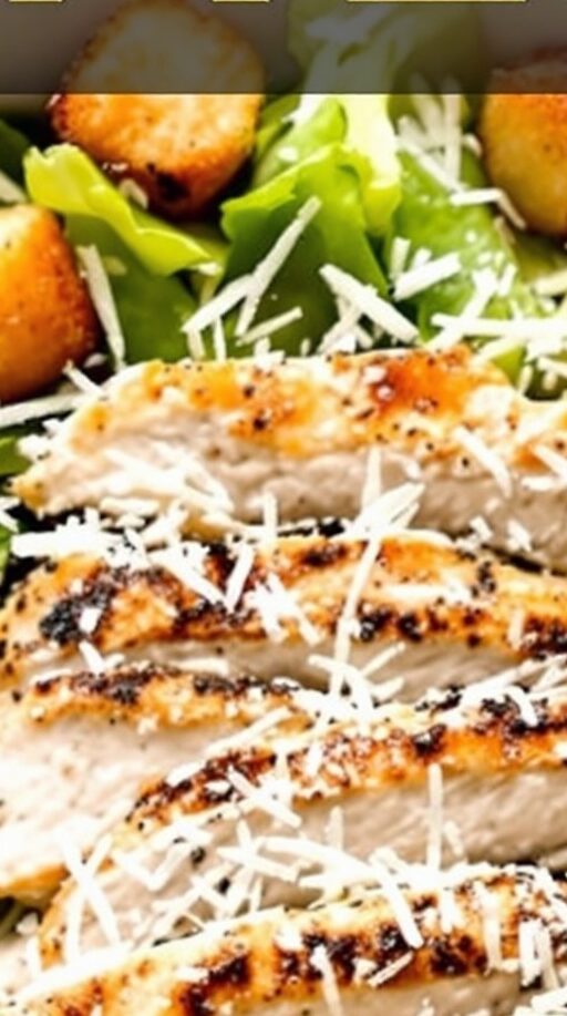 A delicious Chicken Caesar Salad with grilled chicken, croutons, and Parmesan cheese on a bed of romaine lettuce.