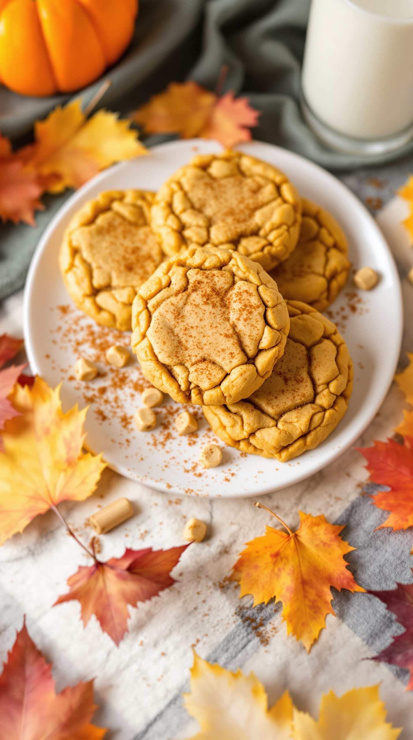 A plate of soft and chewy pumpkin spice cookies surrounded by autumn leaves.