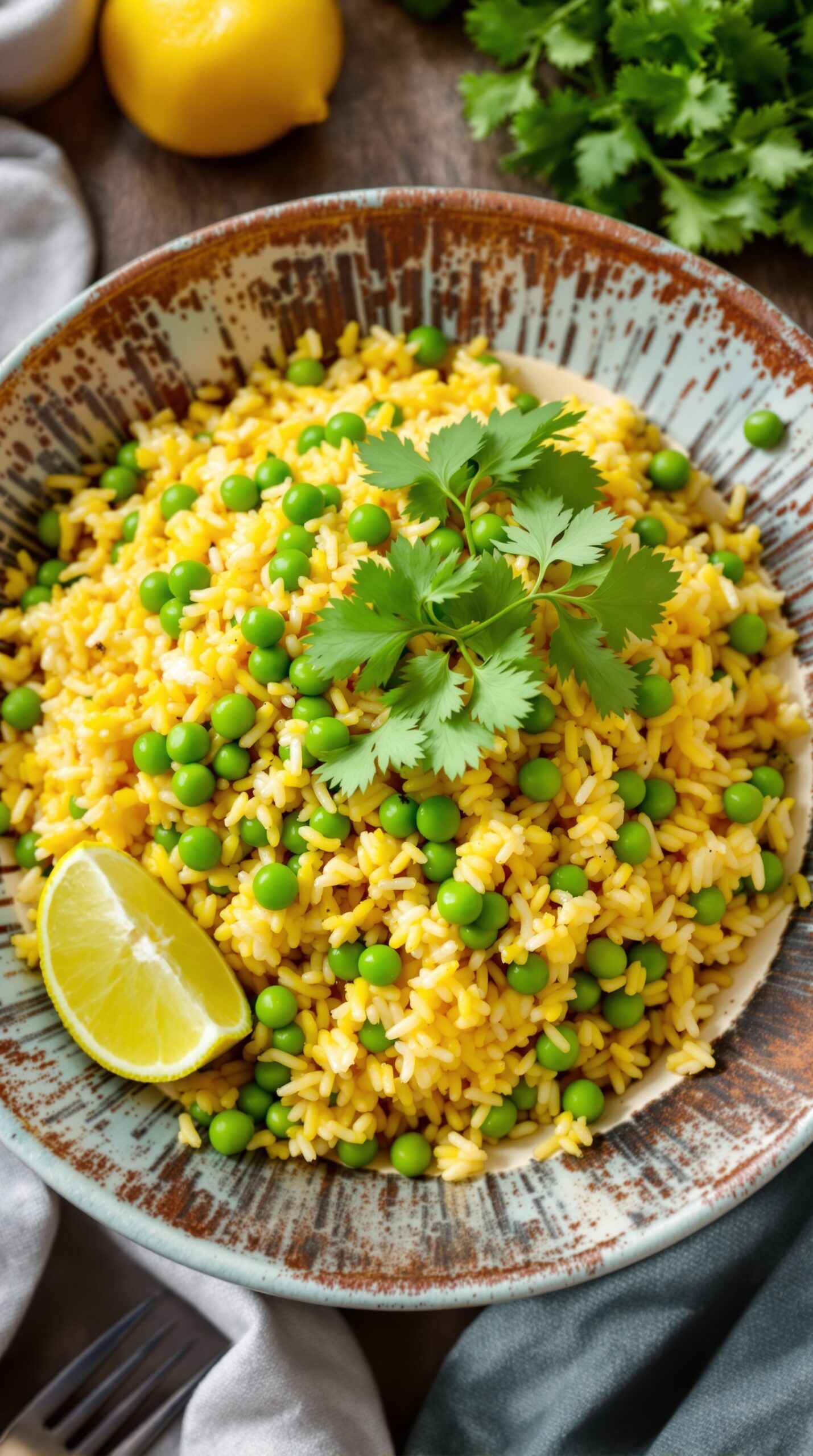 A bowl of Poha with peas and lemon, garnished with coriander leaves.