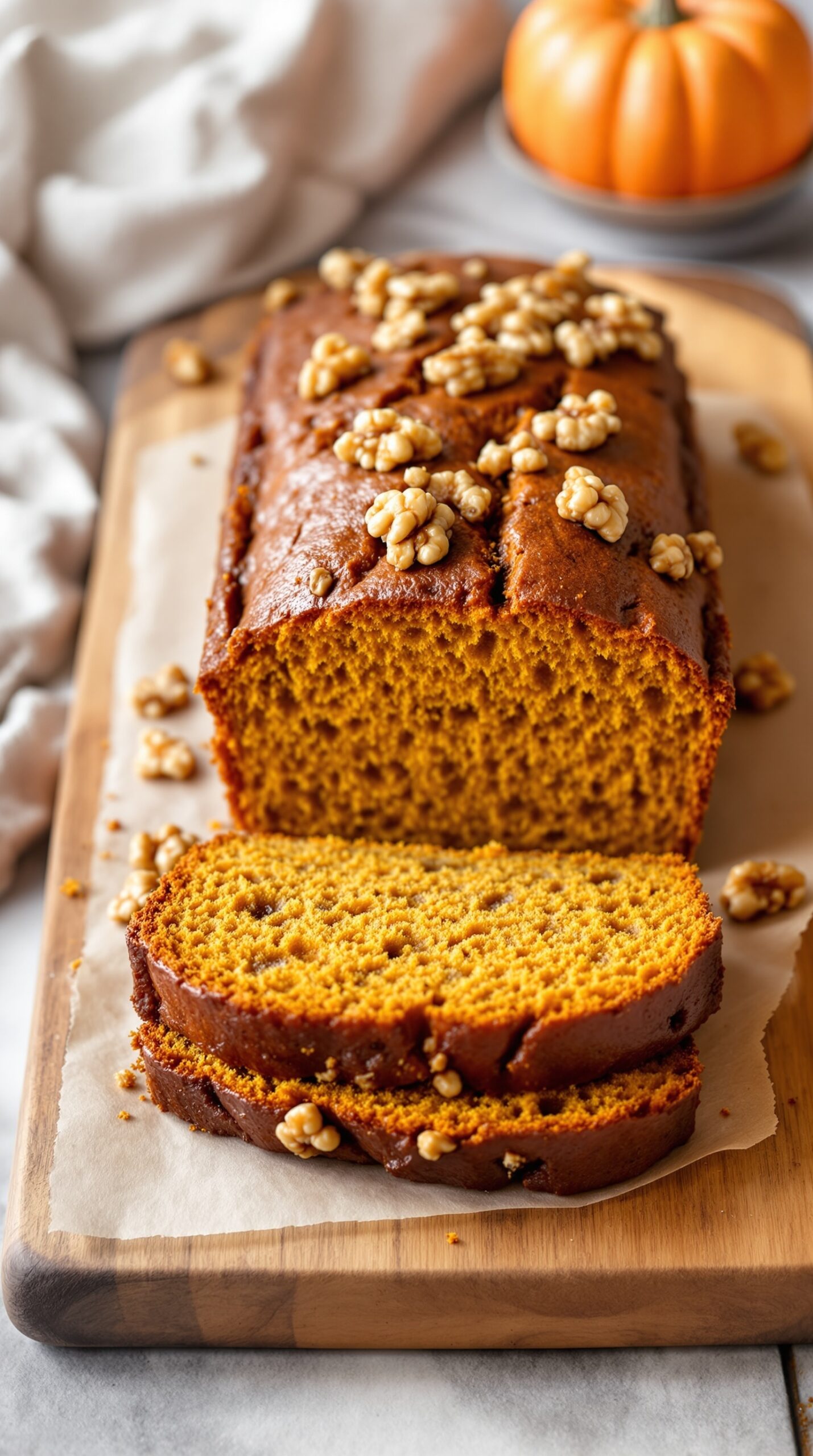 A loaf of pumpkin bread with walnuts, sliced and displayed on a wooden board, with a small pumpkin in the background.