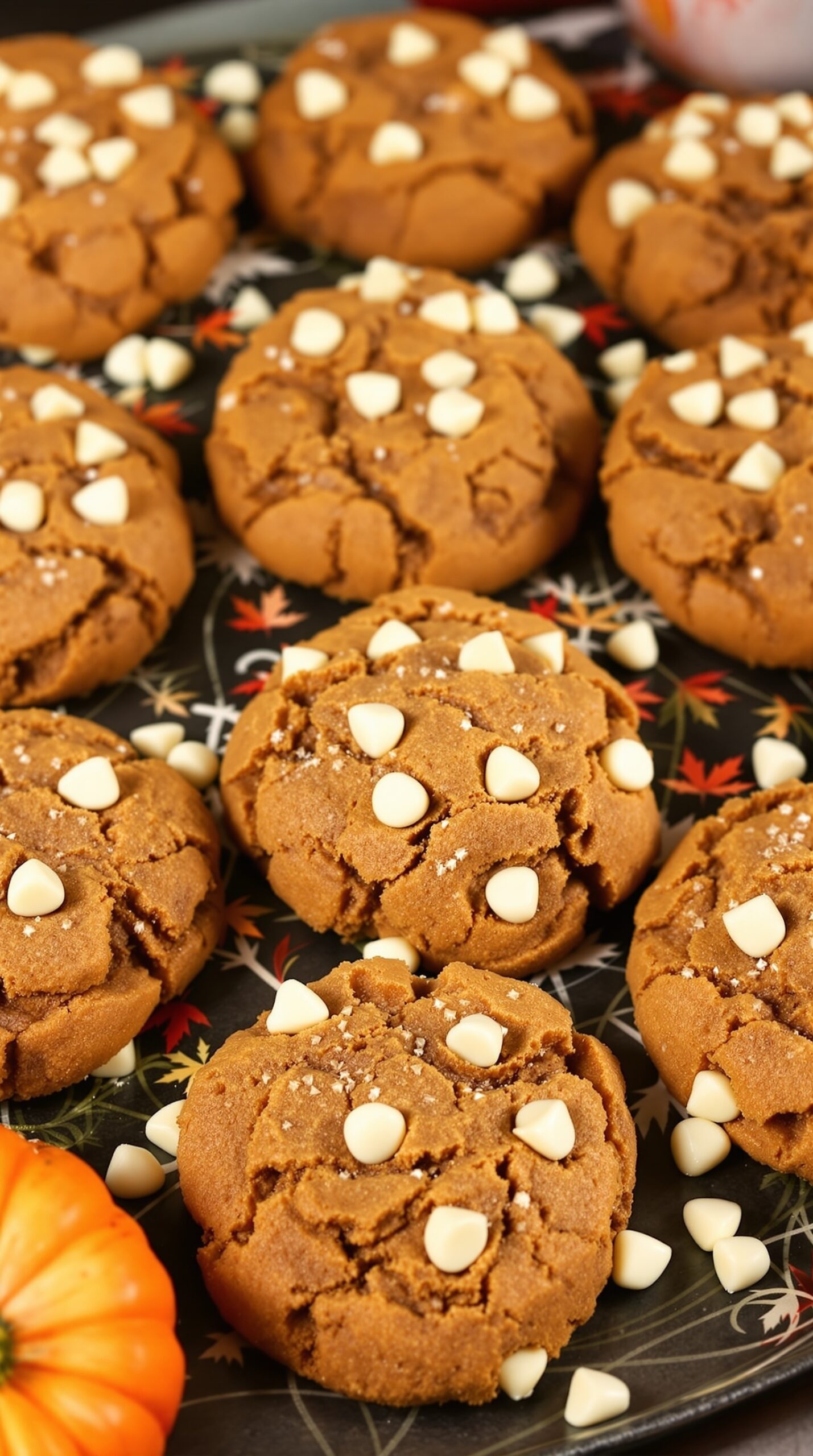 Delicious pumpkin cookies with white chocolate chips on a decorative plate