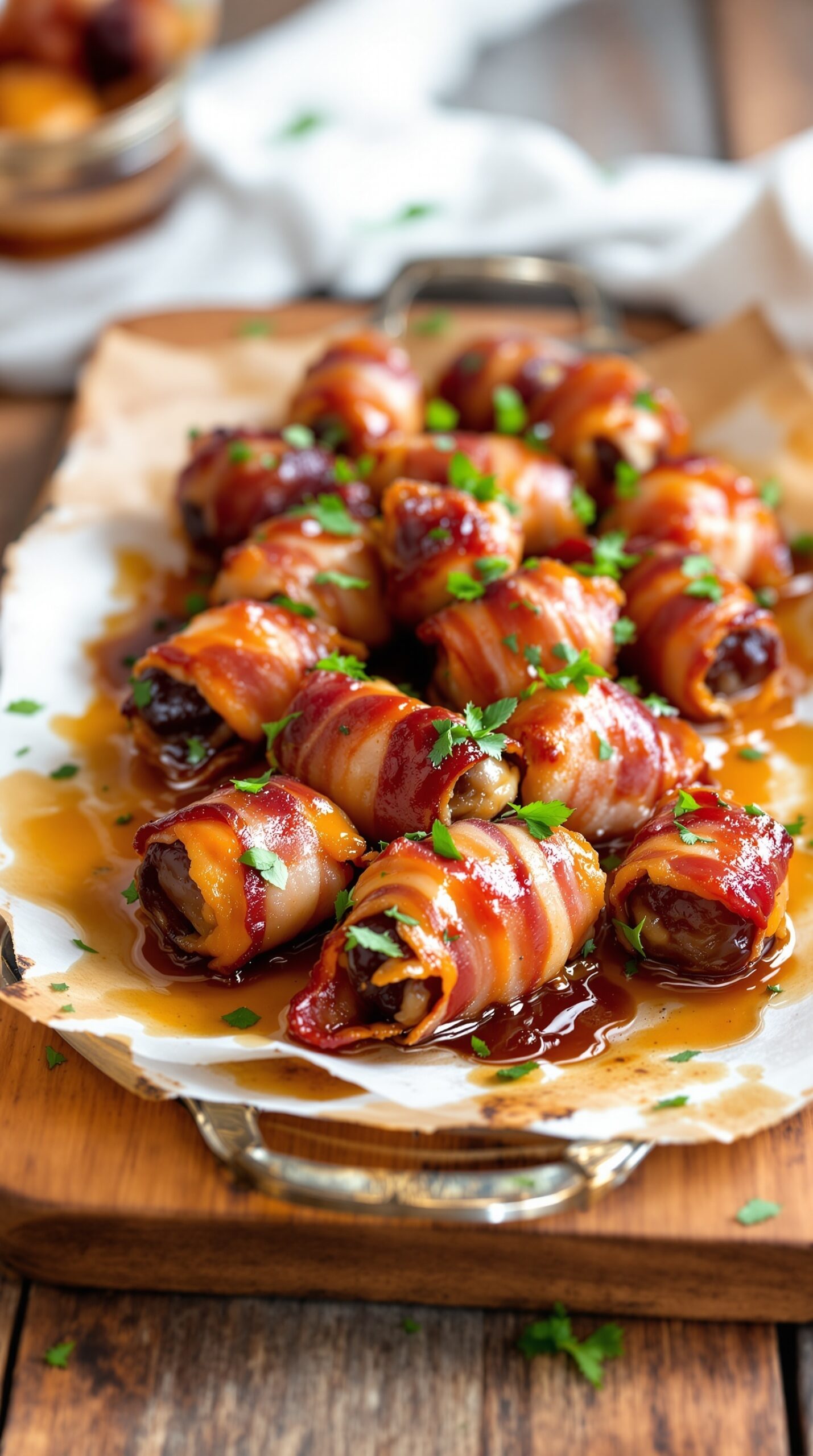 A platter of sweet and spicy bacon-wrapped dates garnished with parsley.