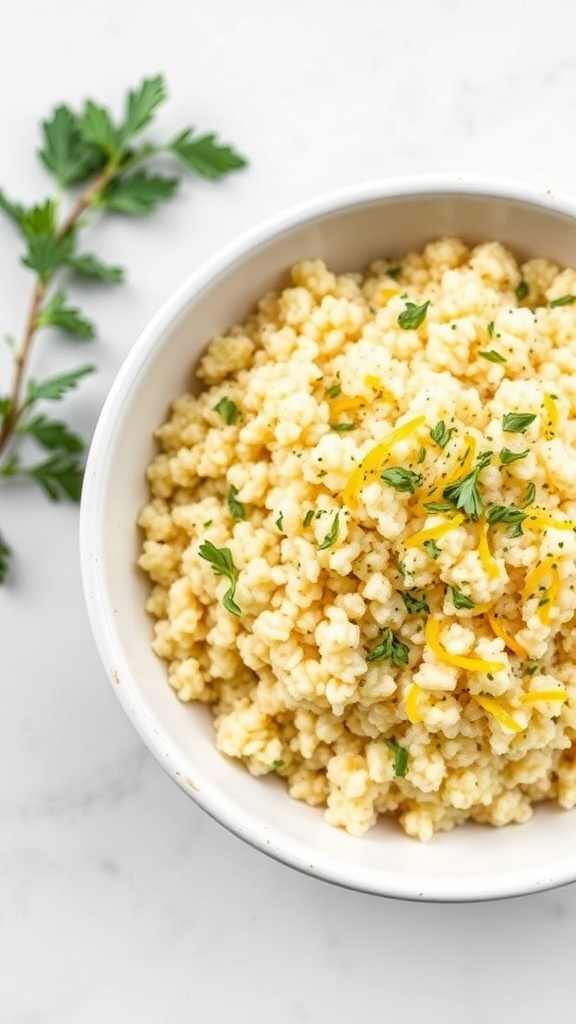 A bowl of lemon herb couscous garnished with fresh herbs.