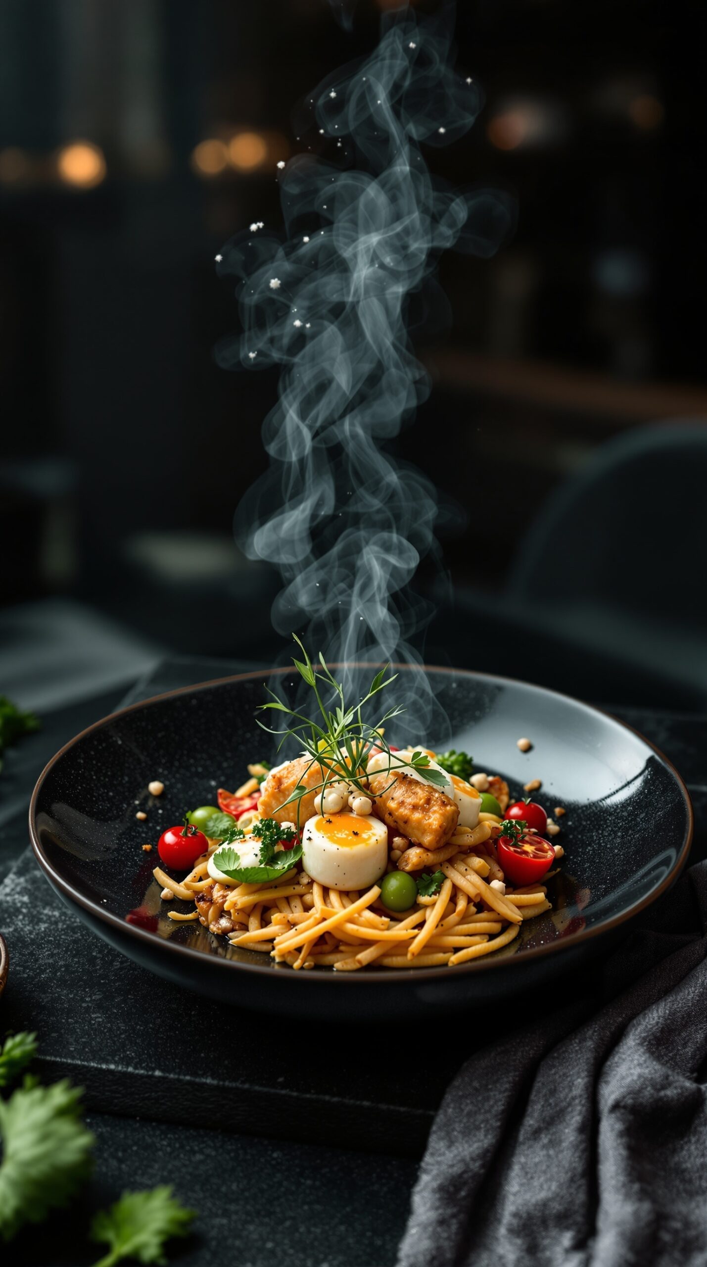 A beautifully presented plate of fusion pasta with shrimp, cherry tomatoes, and green olives, garnished with fresh herbs and steam rising.
