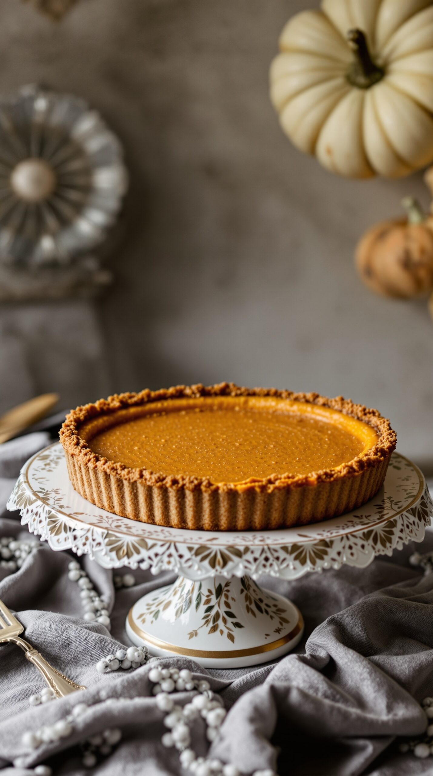 A pumpkin tart with a gingersnap crust on a decorative cake stand, surrounded by soft fabrics and decorative elements.