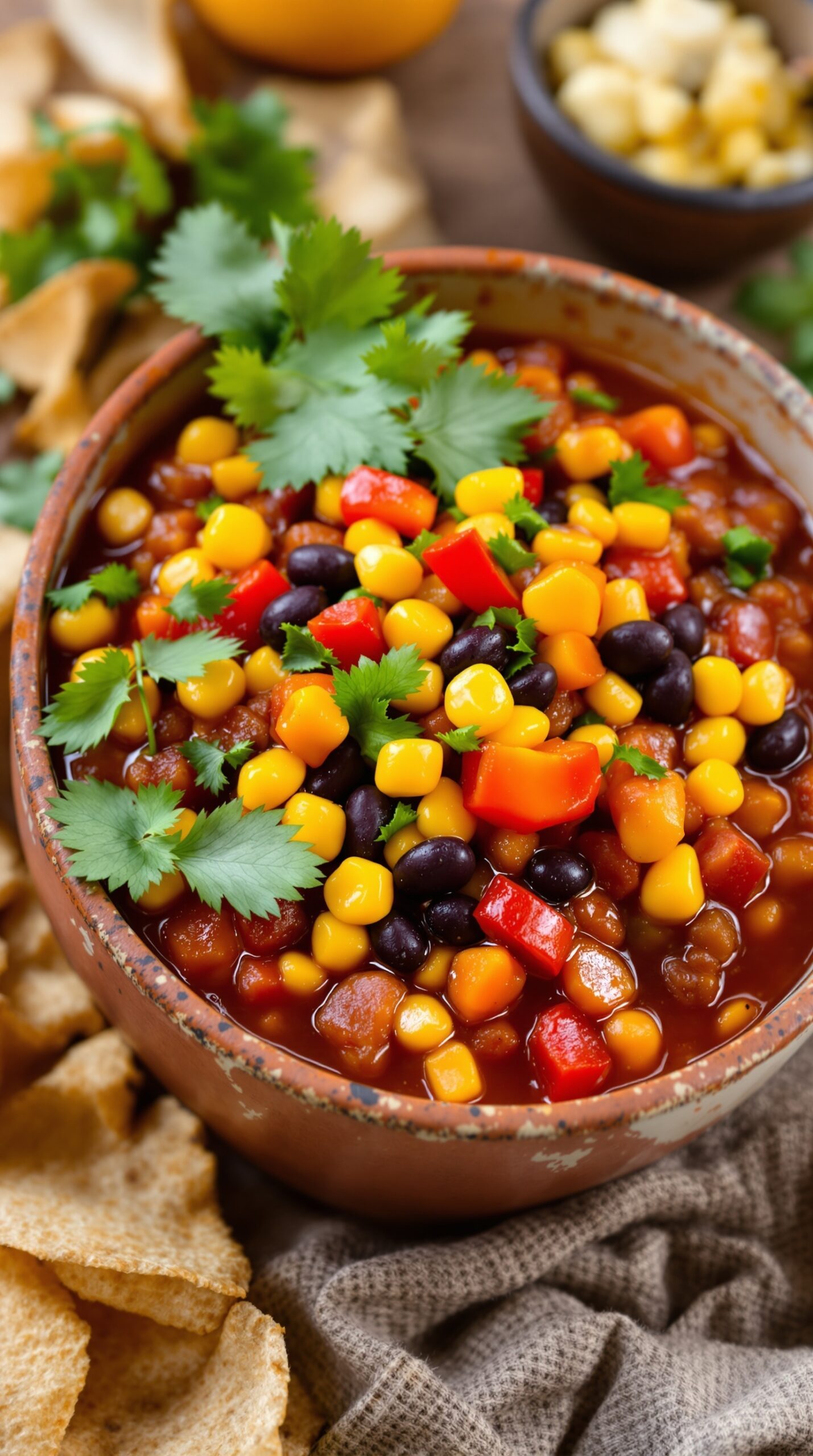 A bowl of colorful vegetarian chili topped with corn, black beans, and cilantro, surrounded by tortilla chips.