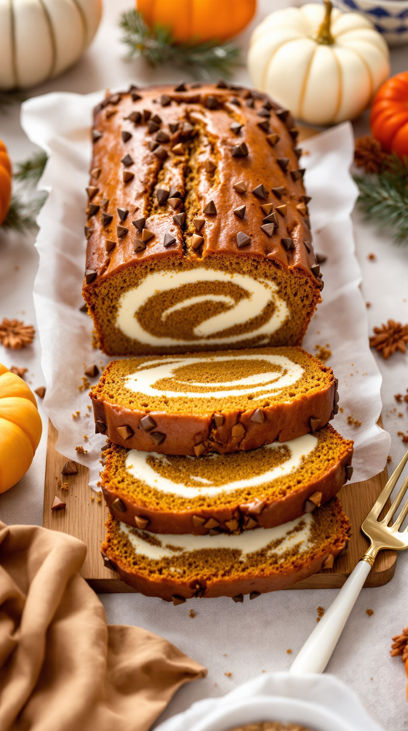 A loaf of pumpkin bread with cream cheese swirl, sliced and topped with chocolate chips, surrounded by decorative pumpkins.